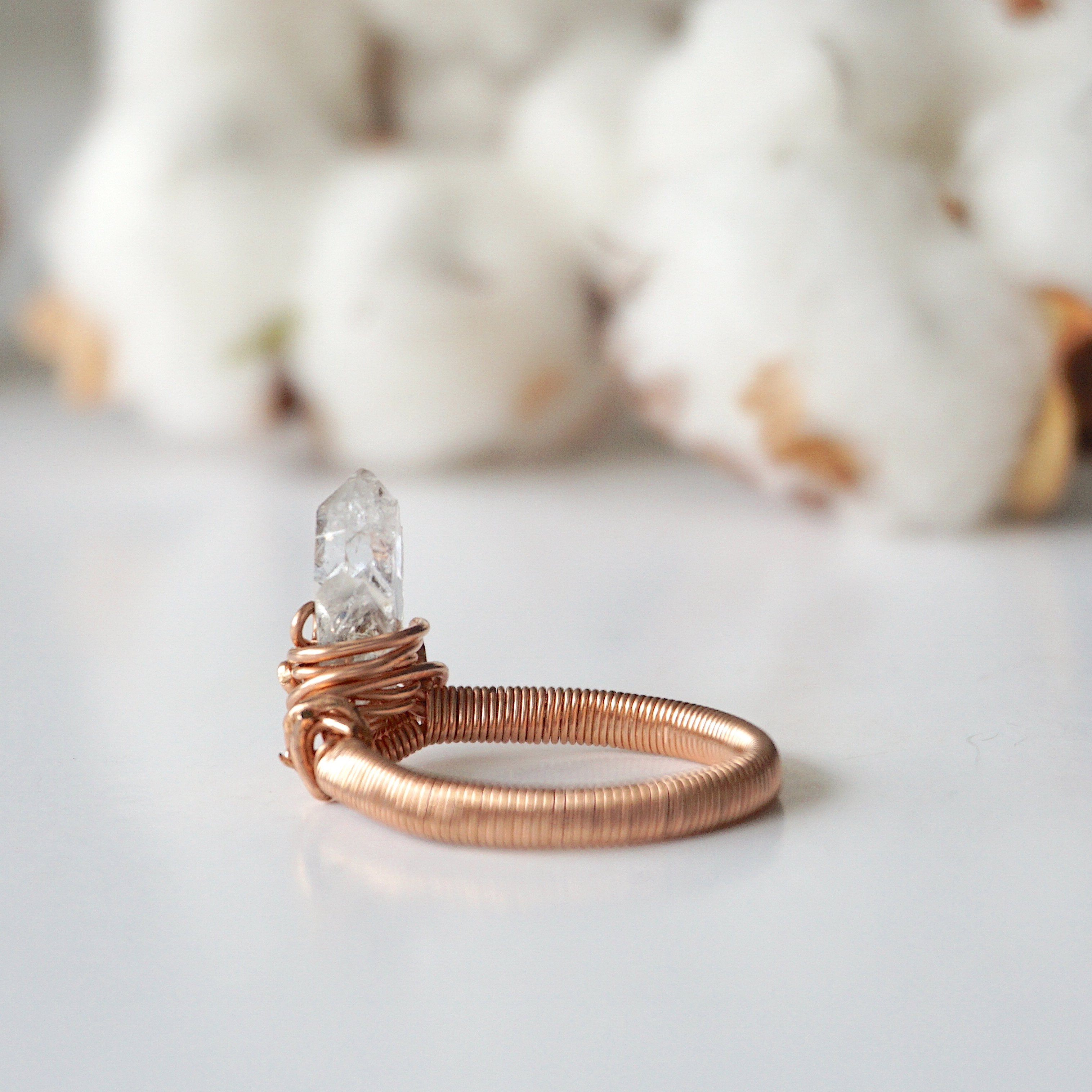 14K Rose Gold Herkimer Diamond Ring - Raw Natural Gemstone Jewelry for Women, Elegant Handmade Engagement & Wedding Band, Perfect for Everyday Wear & Special Occasions
