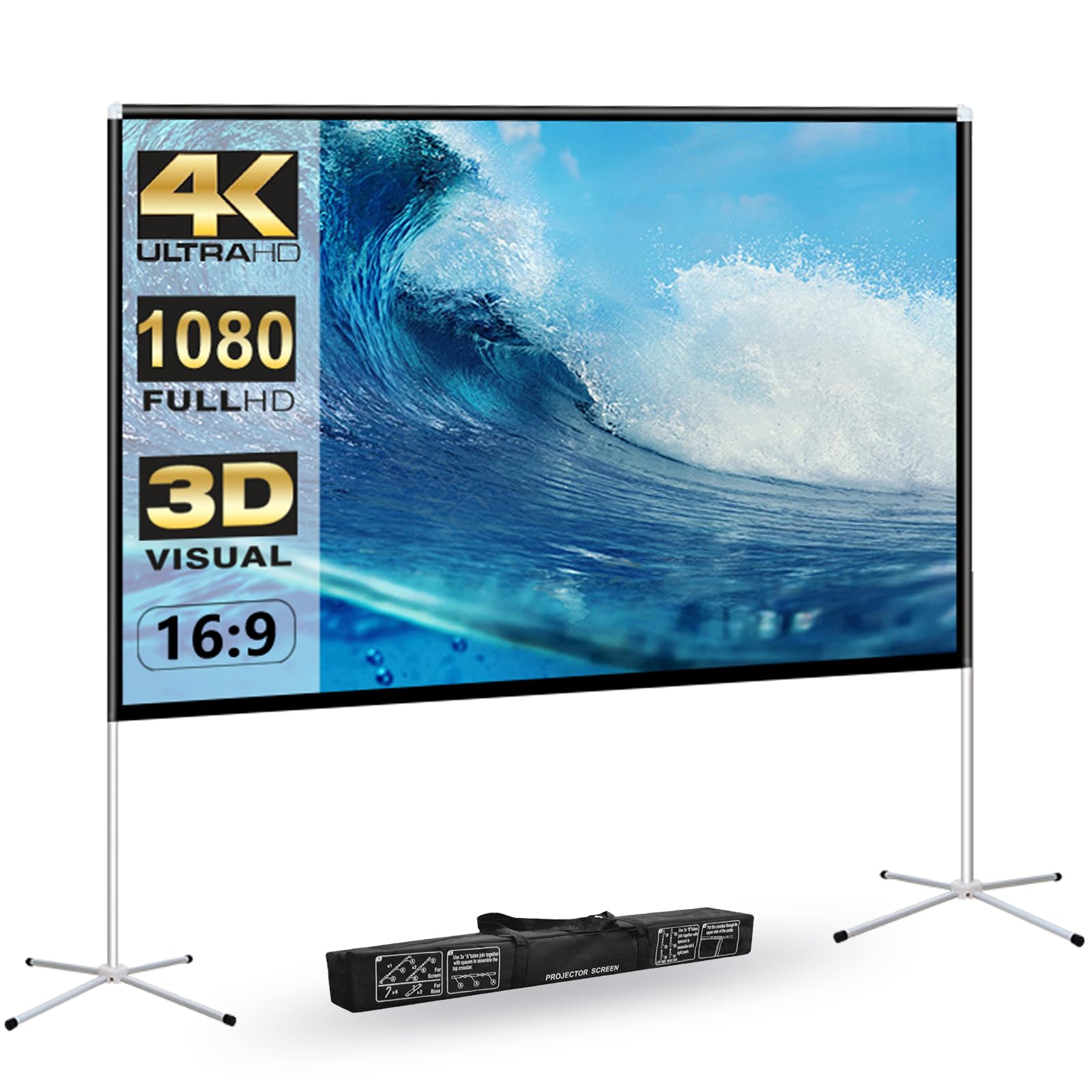 120 Inch Portable Projector Screen with Stand - 16:9 HD 4K Projection Screen for Indoor & Outdoor Use - Includes Carry Bag for Backyard Movie Nights, Camping, Home Theater and Family Entertainment