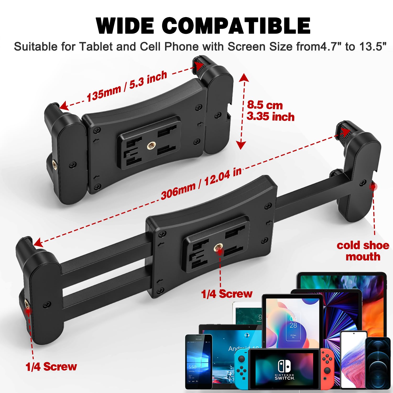 Universal Tablet Mount for Mic & Music Stands - Adjustable Phone & iPad Holder (iPad Pro/Air/Mini & All Smartphones 4.7-13.5 Inches) - Perfect for Musicians, Presenters & Online Teachers