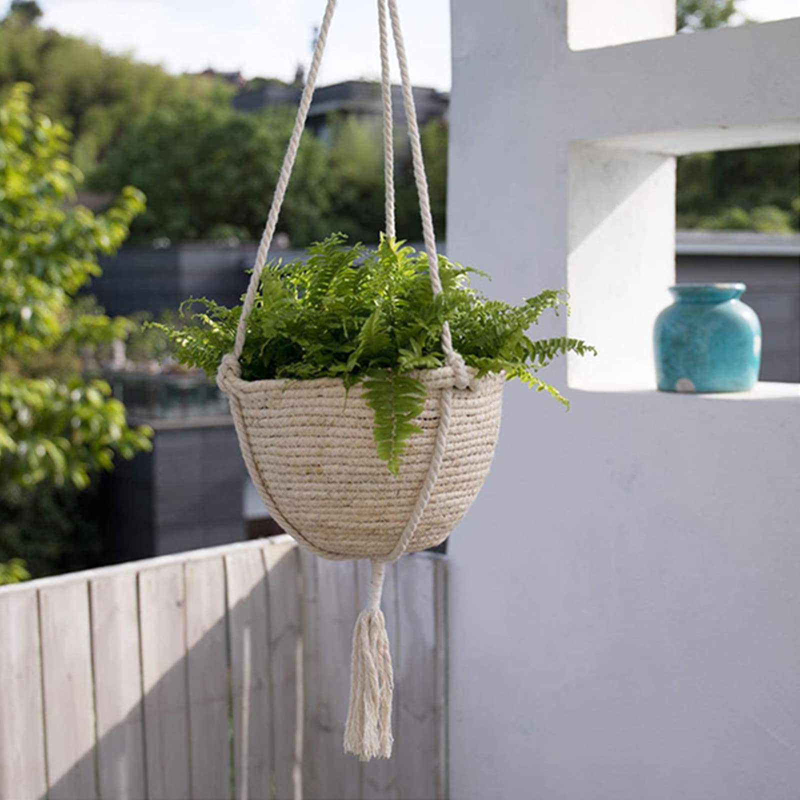 Handwoven Rattan Hanging Plant Baskets for Indoor & Outdoor Use - Macrame Flower Pot Holder, Boho Home Decor Planter for Balcony, Garden, Living Room (Beige) | Perfect for Hanging Plants, Herbs, and Small Decor Items