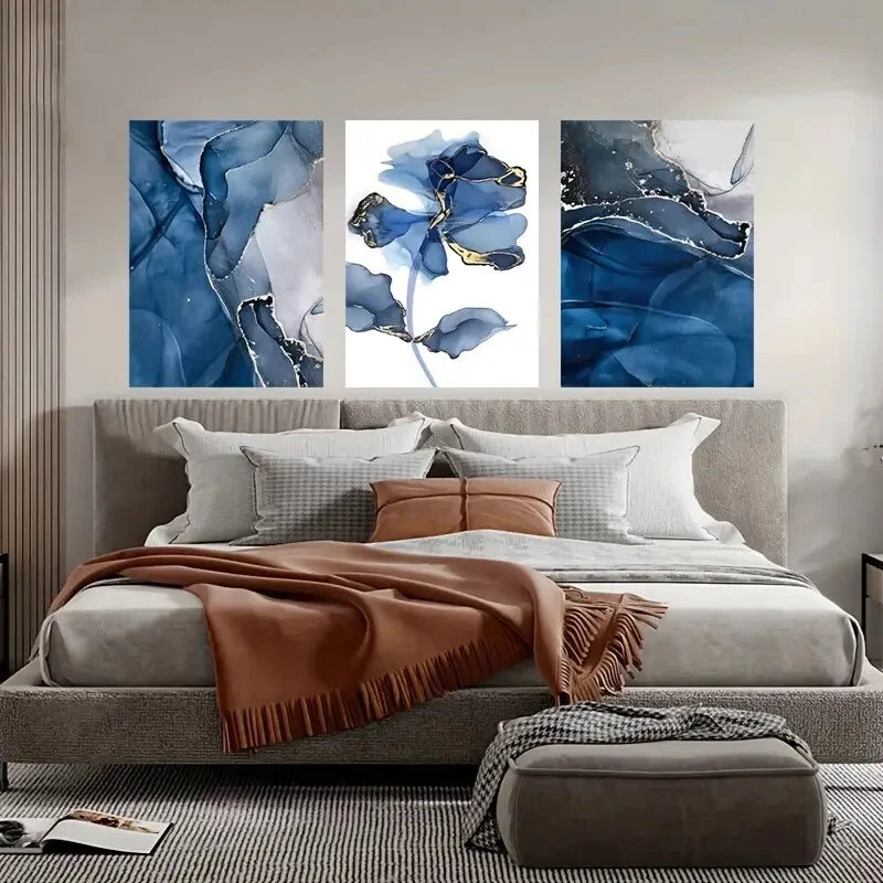 3-Piece Abstract Blue Flower & Waterfall Metal Wall Art - Ready to Hang Modern Home Decor for Living Room, Bedroom & Office