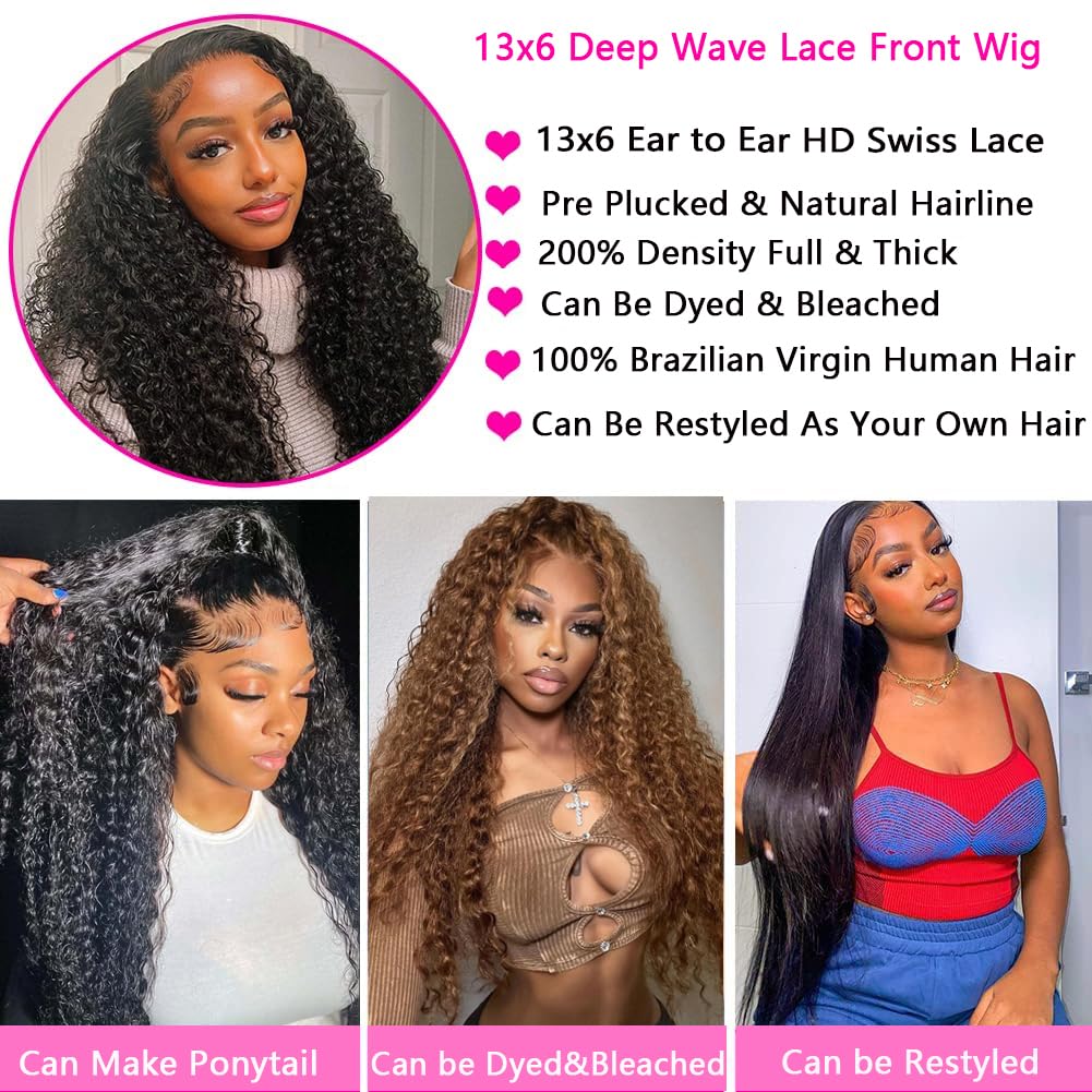 30 Inch Deep Wave Lace Front Wigs Human Hair - Pre Plucked 13x6 HD Lace Frontal, 200% Density Glueless Curly Wigs with Baby Hair for Women (Natural Black) | Perfect for Daily Wear, Cosplay, and Special Occasions
