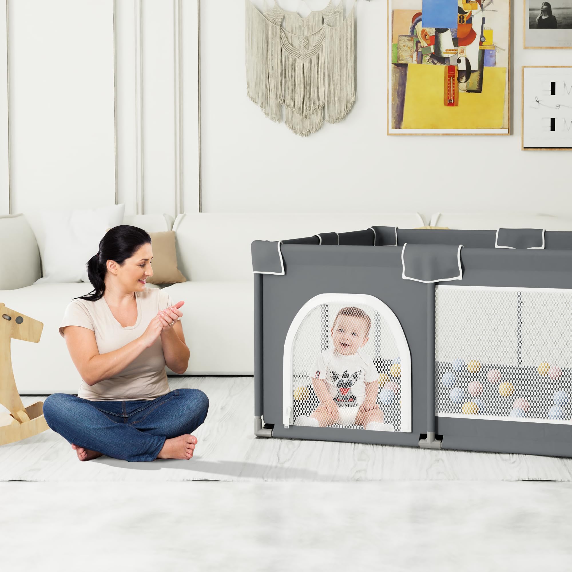 **Baby Playpen with Soft Mat - Large Playpen for Babies & Toddlers, Indoor & Outdoor Playard with Breathable Mesh & Sturdy Safety Gate - Perfect for Home, Nursery, Daycare & Travel (Grey)**