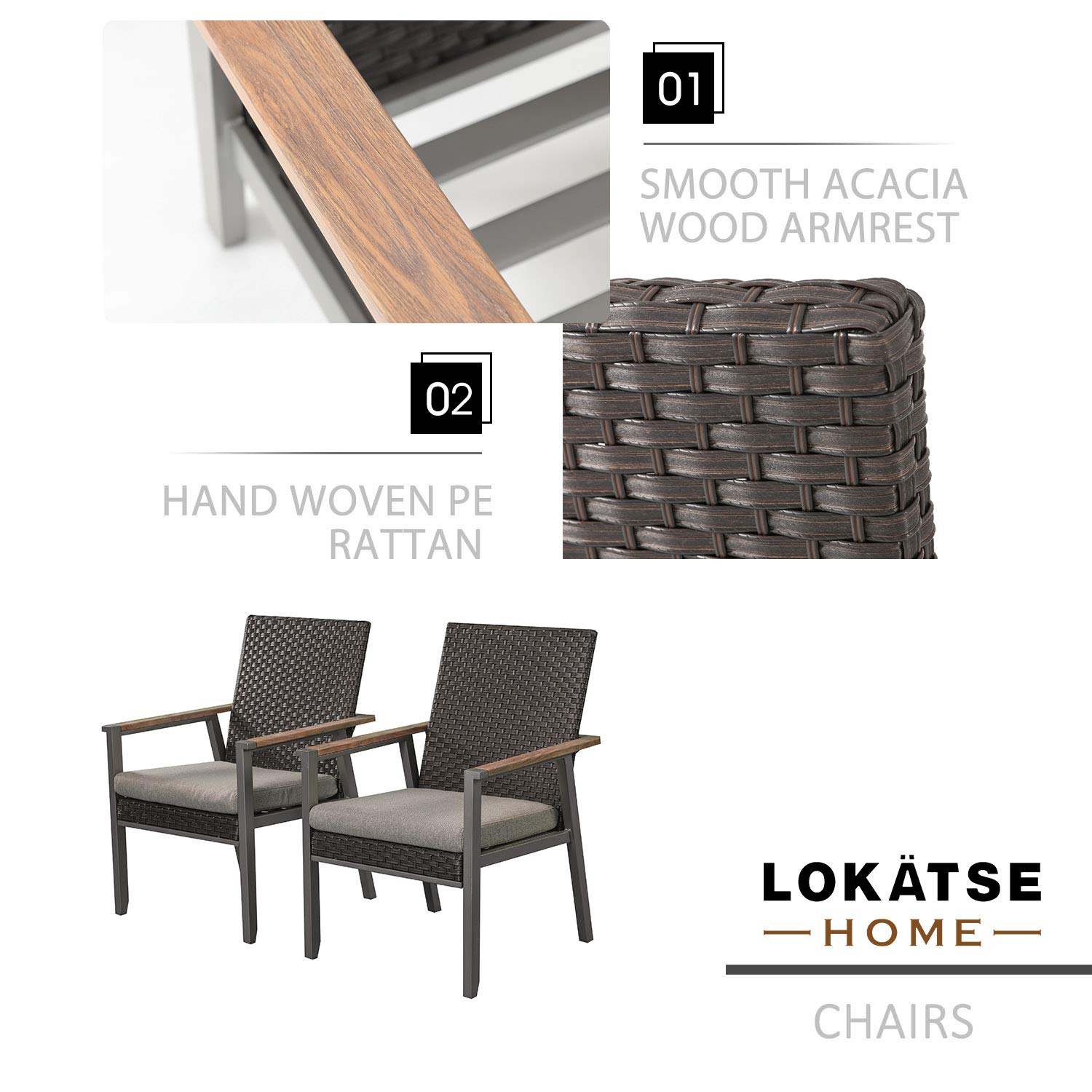 LOKATSE HOME Outdoor Wicker Patio Rattan Dining Set - 2 Chairs with Gray Cushions | Weather-Resistant Rattan Furniture for Garden, Balcony, Backyard & Poolside Dining
