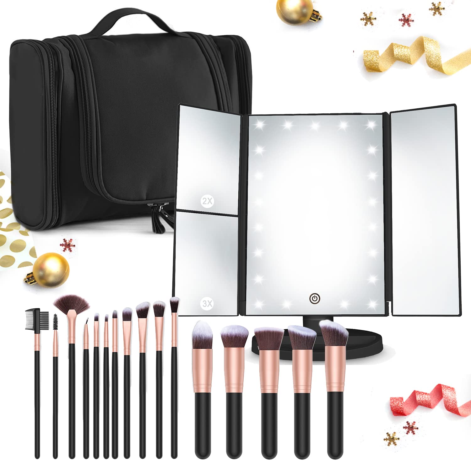21-Piece Makeup Brush Set with Hanging Toiletry Bag & LED Vanity Mirror - Perfect Travel Cosmetic Organizer for Women | Ideal Gift for Girlfriend, Mom, Birthday & Holidays | Home & Travel Beauty Essentials