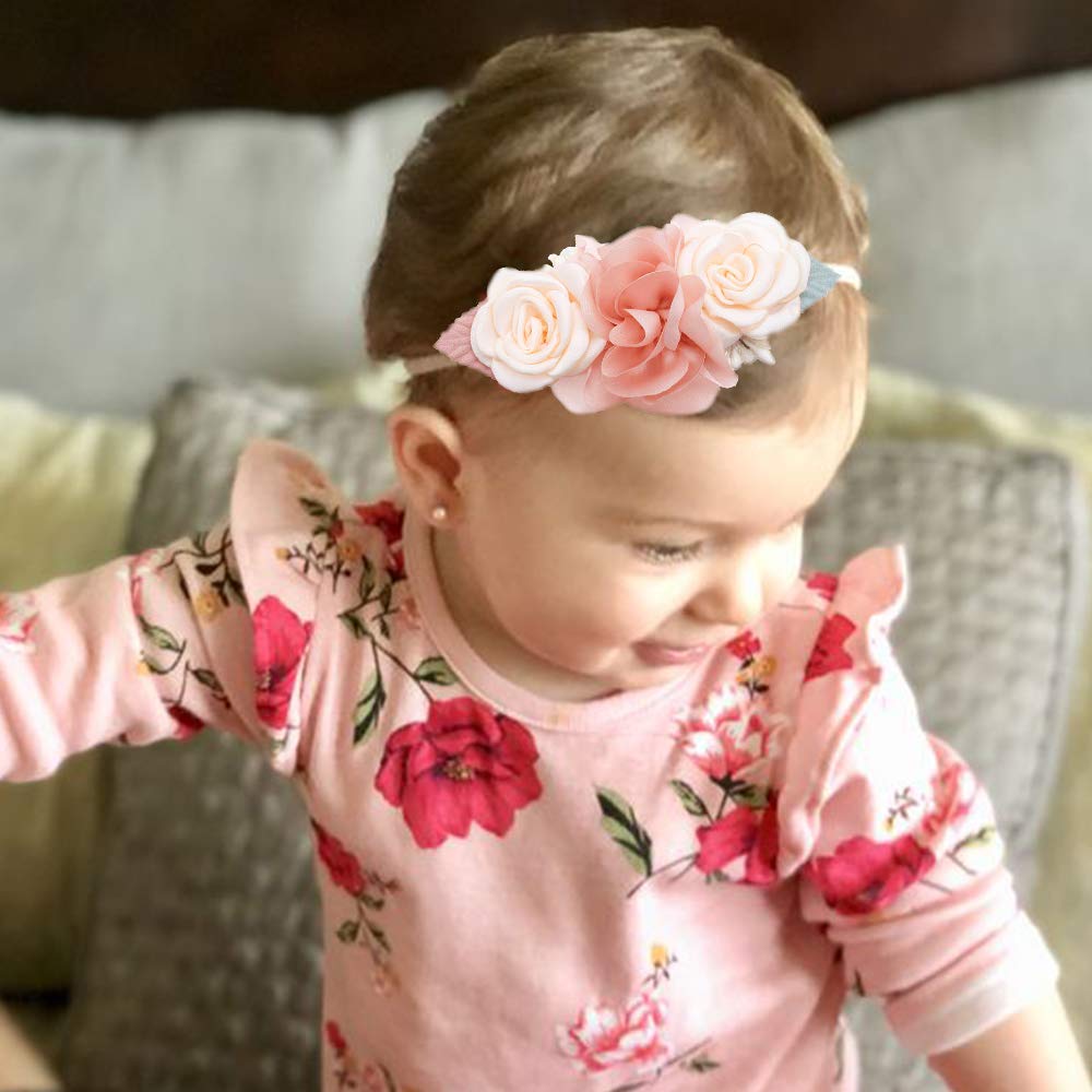 Cherrboll 3-Piece Baby Girl Headbands with Flowers - Ultra Soft & Stretchy Nylon Floral Hairbands for Newborns & Toddlers - Perfect for Photo Shoots, Birthday Parties & Everyday Outfits