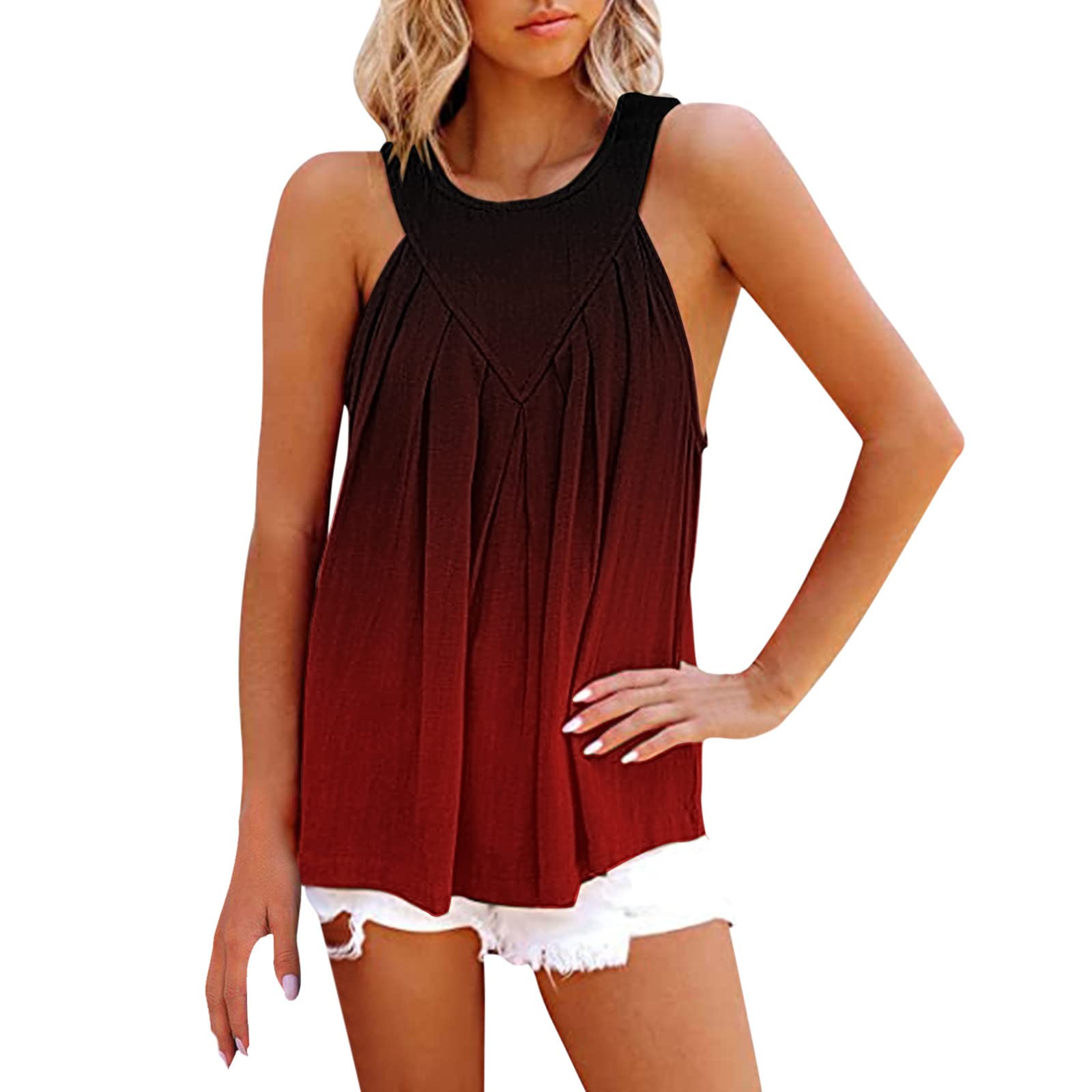 Women's White Gradient Print Sleeveless Halter Tank Top - Casual Pleated Flowy Cami Shirt for Summer - Perfect for Beach, Vacation, and Everyday Wear