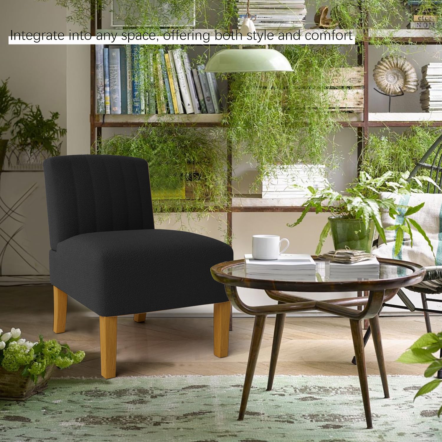 Gaussen Armless Accent Chairs for Living Room - Modern Slipper Chair with Solid Wood Legs, Upholstered Fabric Vanity Chair for Bedroom & Lounge - Perfect as Comfy Side Chair or Makeup Seat (Nero)