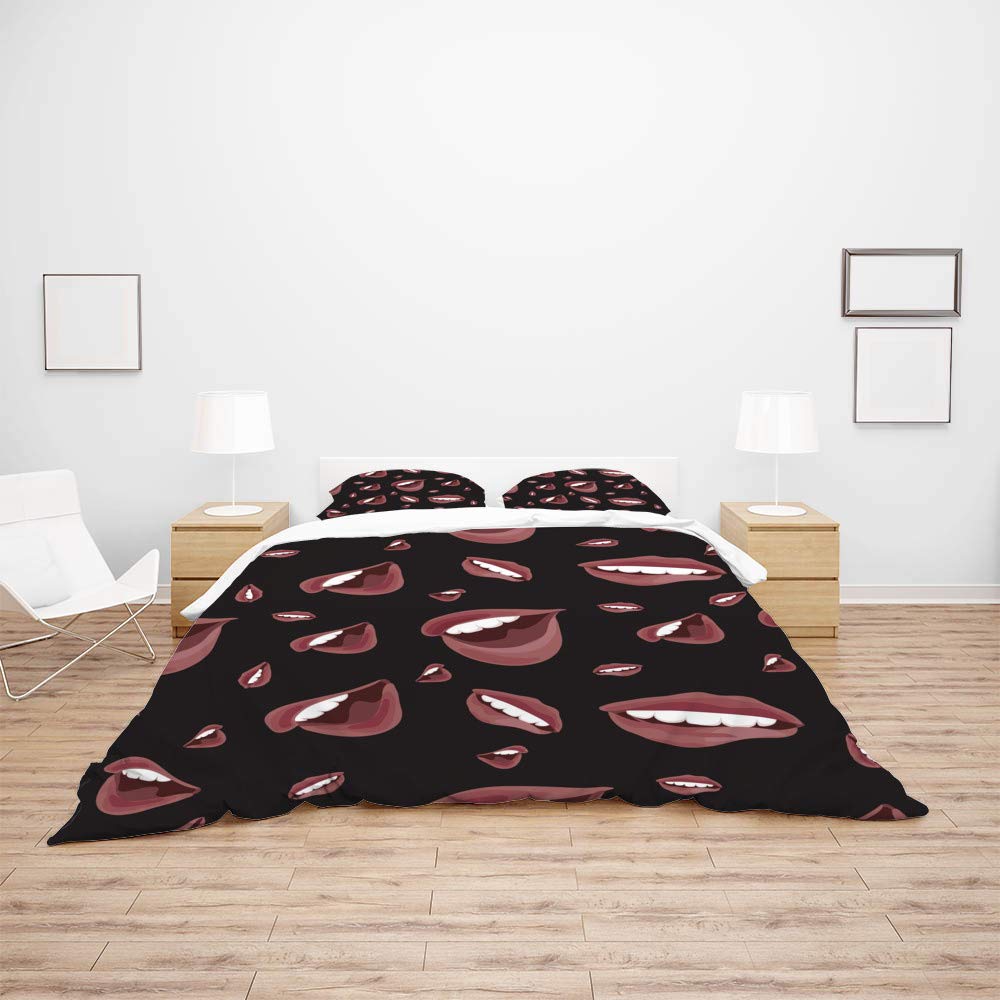 3-Piece Sexy Lips Printed Duvet Cover Set with Pillow Shams - Soft Breathable Cotton Farmhouse Bedding for All Seasons | Perfect for Master Bedroom, Guest Room & Hotel Resort Decor