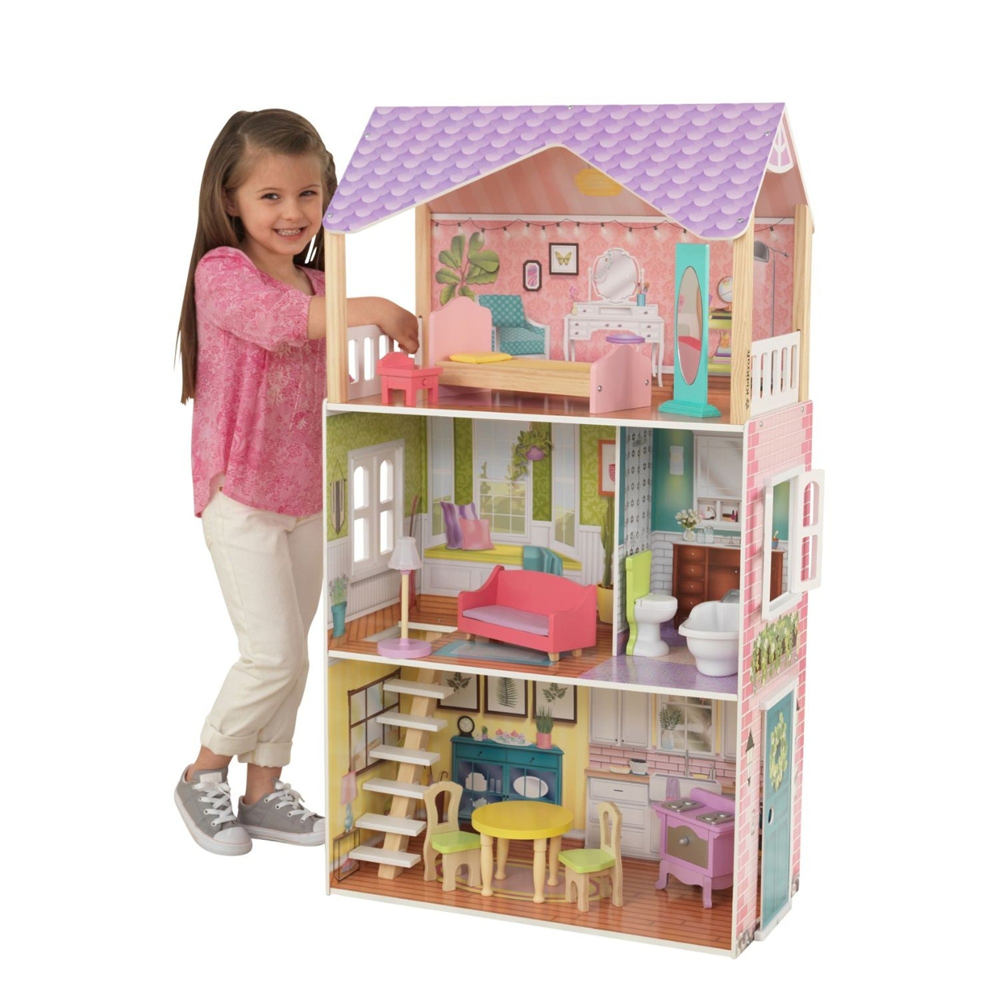 KidKraft Poppy Dollhouse - Wooden Doll House with Furniture for Kids, 3+ Years | Pretend Play, Gift for Girls & Boys | Perfect for Bedroom, Playroom & Birthday Parties