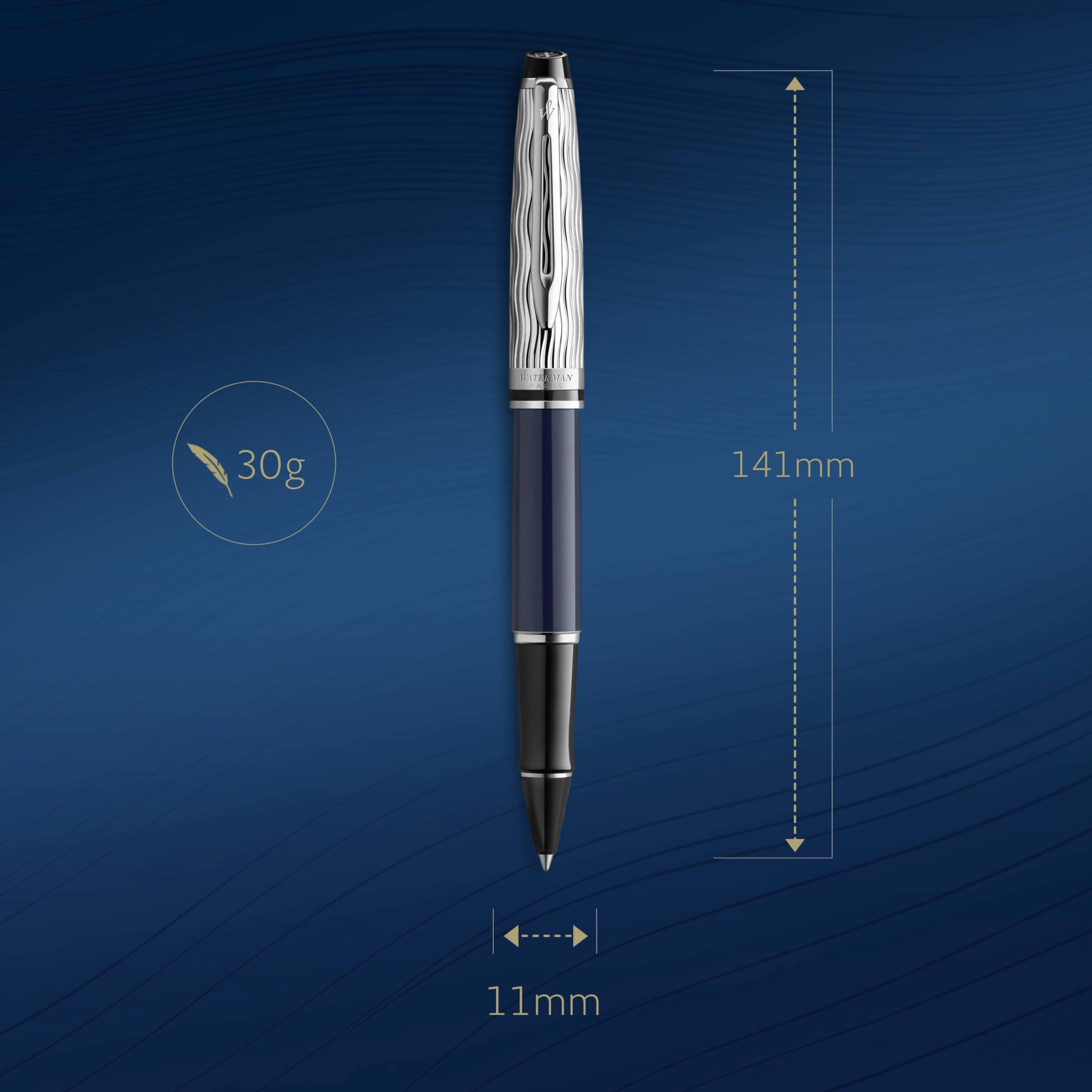 Waterman Expert Rollerball Pen - Premium Metal Blue Lacquer Fountain Pen with Chiselled Cap & Black Ink Refill - Elegant Gift Box - Perfect for Business Signatures, Journaling & Luxury Gifts