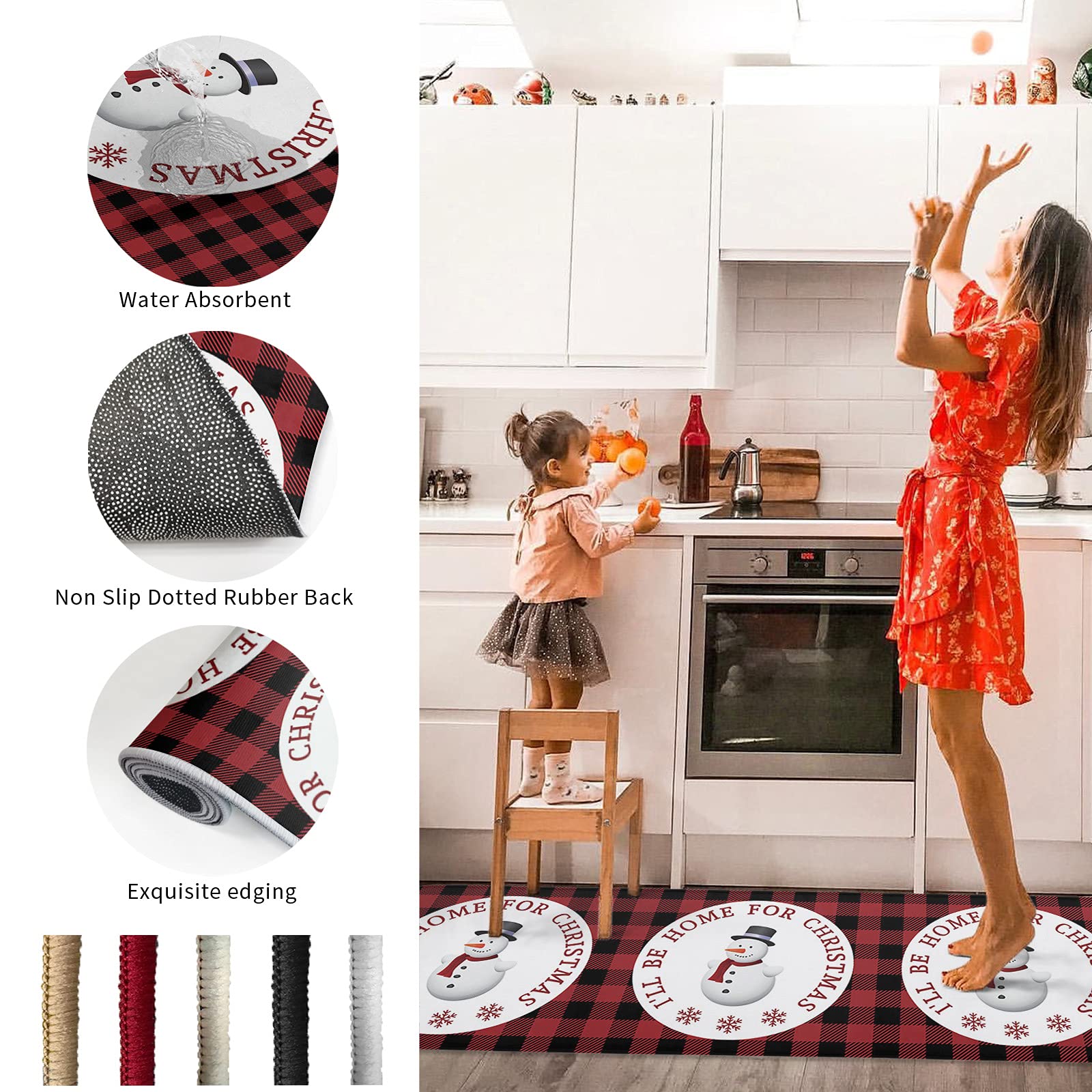 Red Buffalo Plaid Christmas Kitchen Mat - Anti-Fatigue Floor Rug with Snowman Design for Winter Home Decor | Perfect for Kitchen Organization, Standing Desk & Room Decor | Cozy Holiday Gift Idea