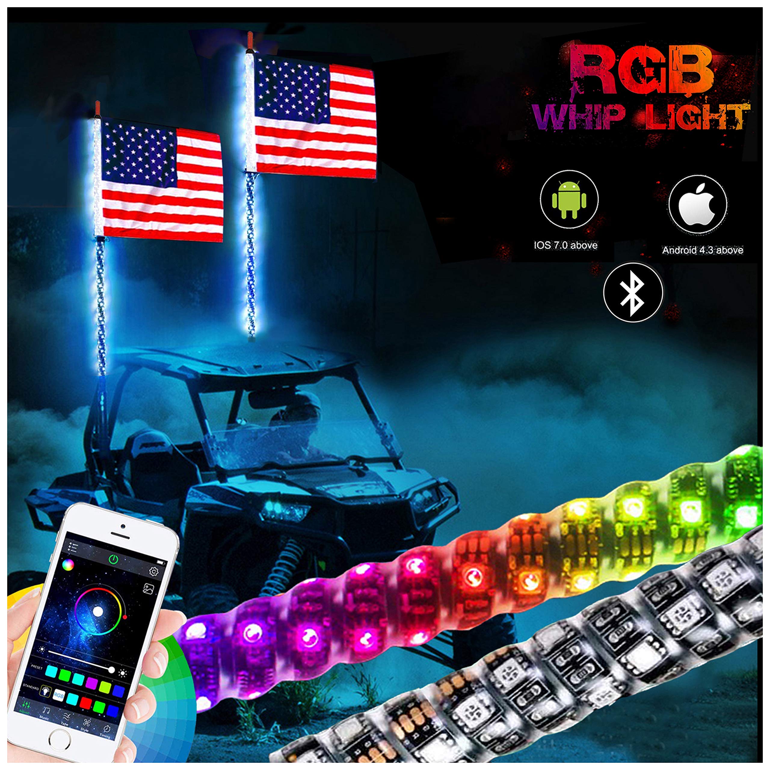 2PC 3FT RGB LED Whip Lights with APP Control - 360° Spiraling Rising Dancing Dreamcolor Flag for UTV, ATV, Off-Road, Sand Buggy & Dune RZ | Perfect for Night Rides, Off-Road Racing & Desert Adventures