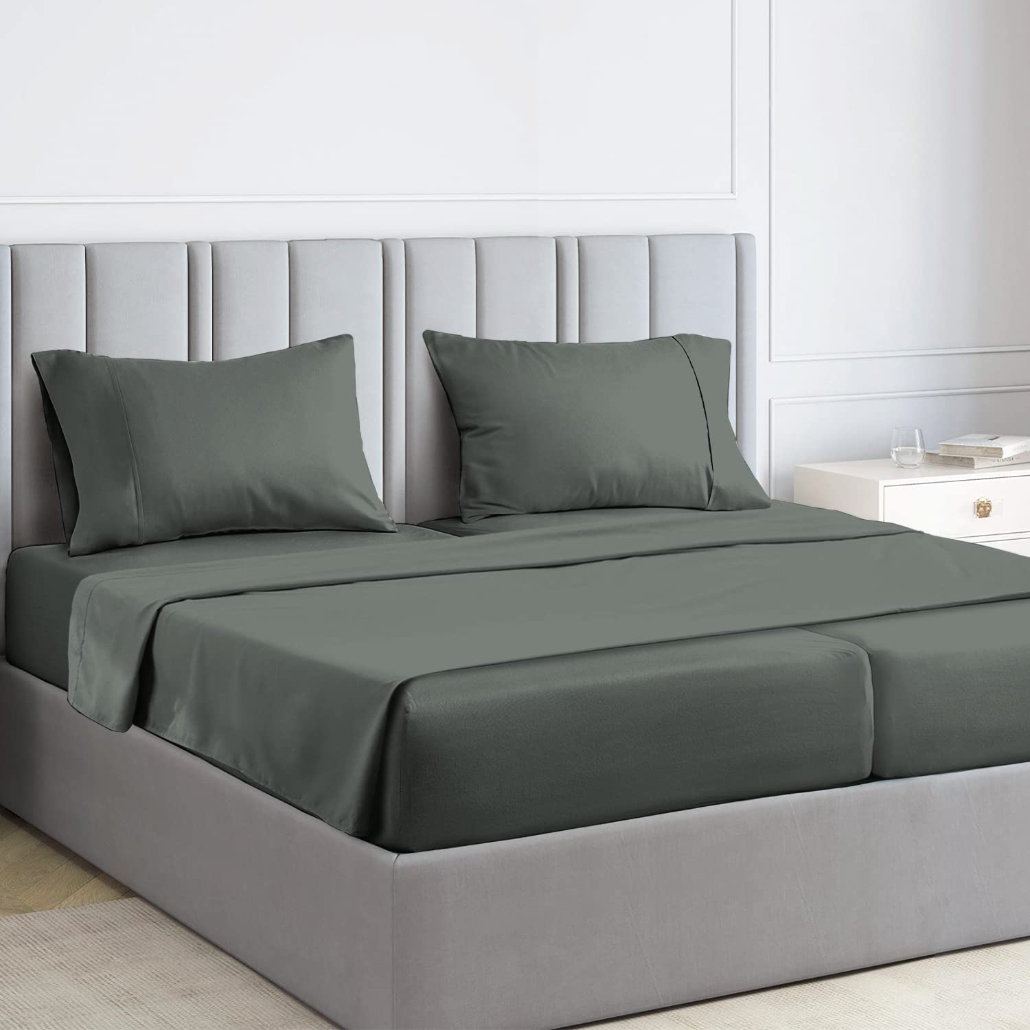 Pizuna 1000 Thread Count 100% Long Staple Pure Cotton Sheet Set - Dark Grey Split King Size, Luxury Sateen Weave Breathable Bedding for Deep Pockets (Fits Up to 15