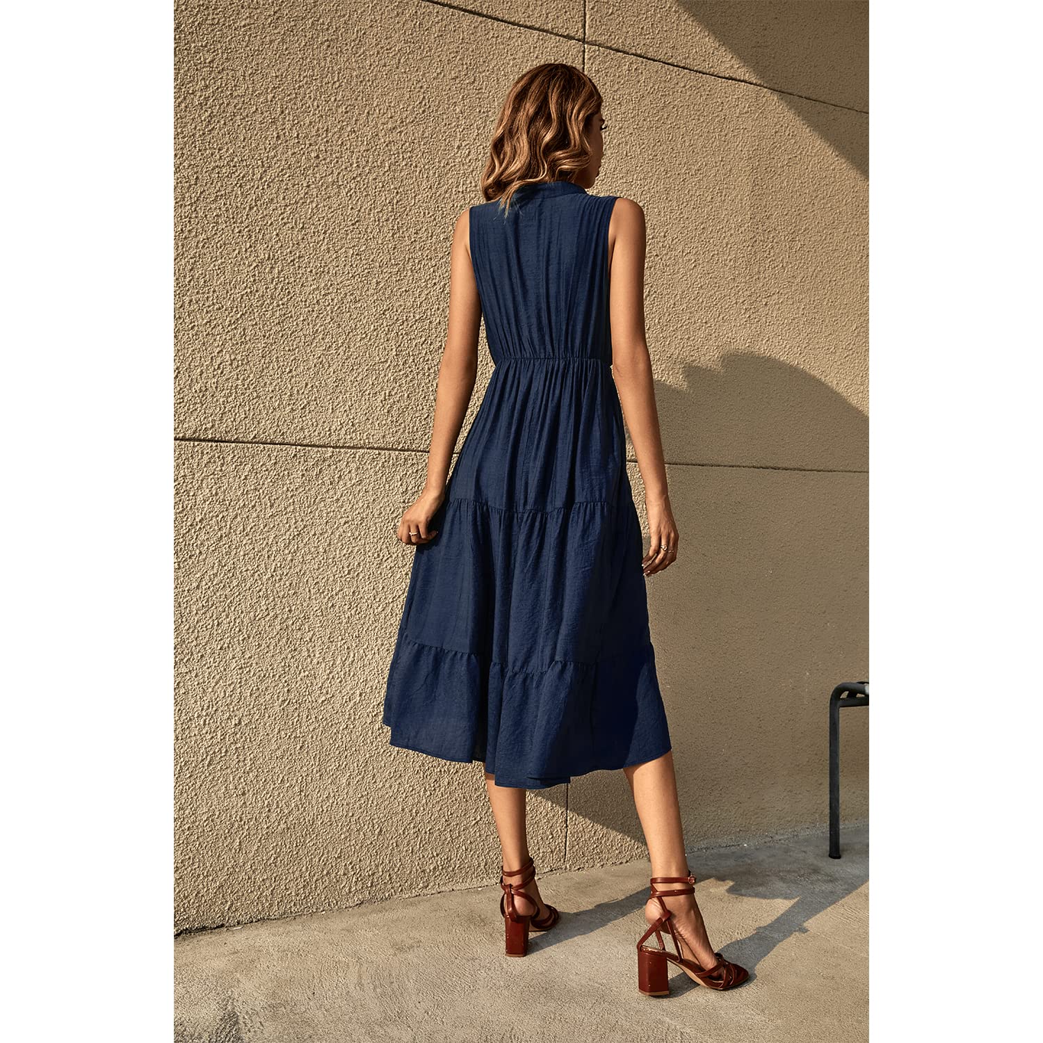 BROVAVE Women's 2025 Summer Sleeveless Striped V-Neck Collar Shirt Dress - Casual Midi Dress for Beach, Office, and Everyday Wear