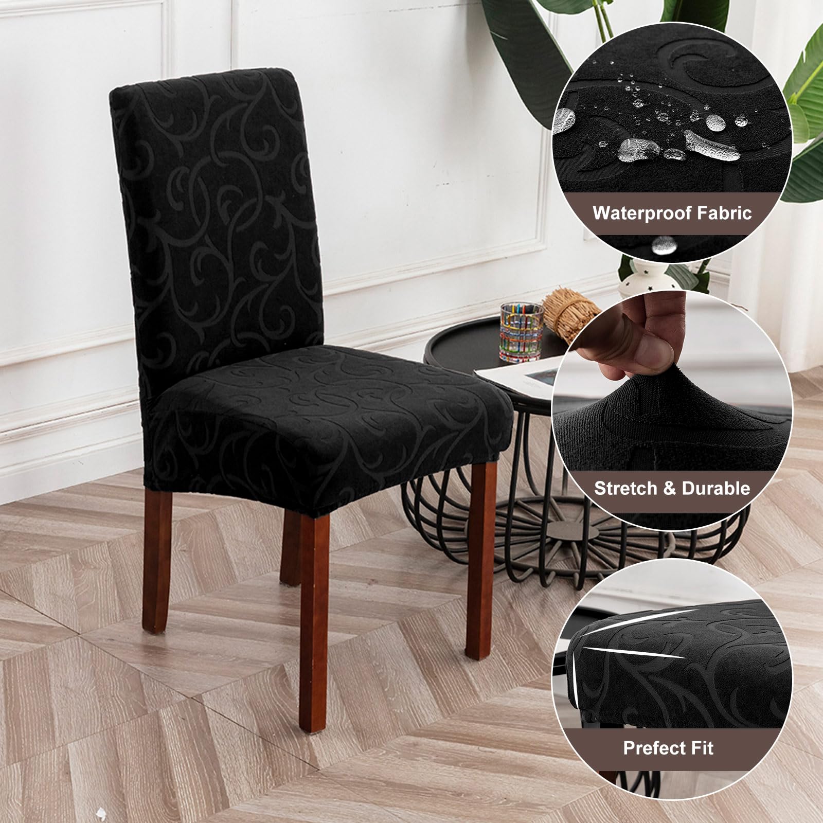 Waterproof Stretch Parsons Chair Slipcovers - 2 Pack Washable Dining Room Chair Covers with Floral Black Pattern | Kitchen & Dining Chair Protectors for Everyday Use & Special Occasions
