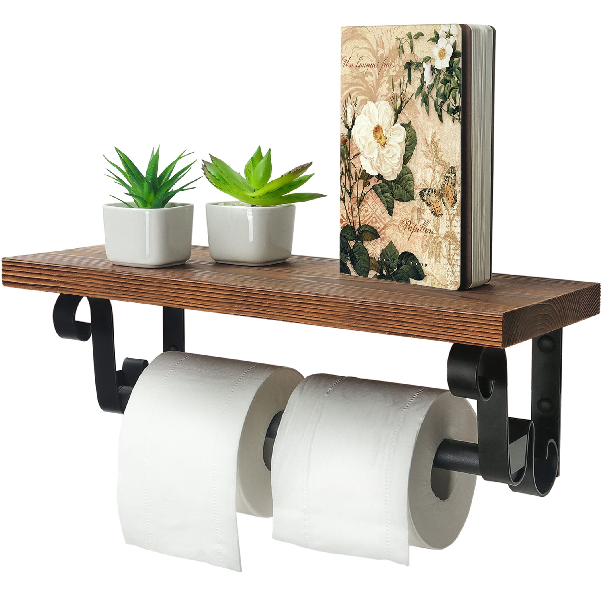 Lavievert Industrial Double Roll Toilet Paper Holder with Rustic Wood Shelf - Wall Mounted Bathroom Tissue Dispenser for Home, Office, Restaurant | Durable & Stylish Bathroom, Kitchen, Washroom Organizer