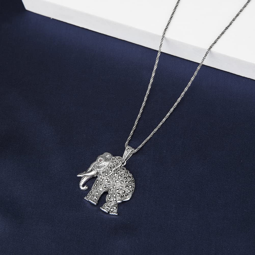 925 Sterling Silver Elephant Necklace for Women - Cute Marcasite Elephant Charm Pendant Jewelry - Perfect Gift for Birthday, Anniversary & Everyday Wear