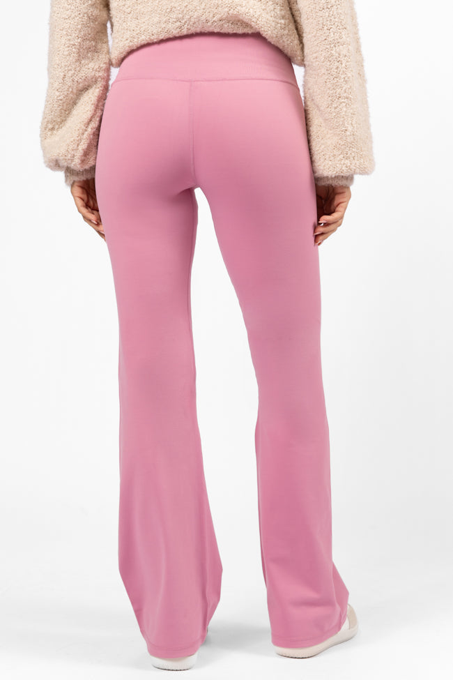 Pink Flare Knit Leggings for Women - High Waisted Yoga Pants with Stretchy Comfort - Perfect for Workouts, Yoga & Casual Wear