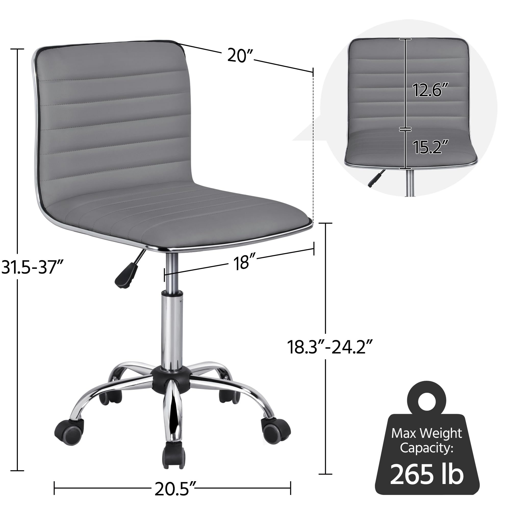 Yaheetech 2-Piece Armless Office Chair Set - Modern Adjustable Low-Back Swivel Task Chair with Rolling Wheels, Gray Leather - Perfect for Home Office, Makeup Vanity & Small Workspaces
