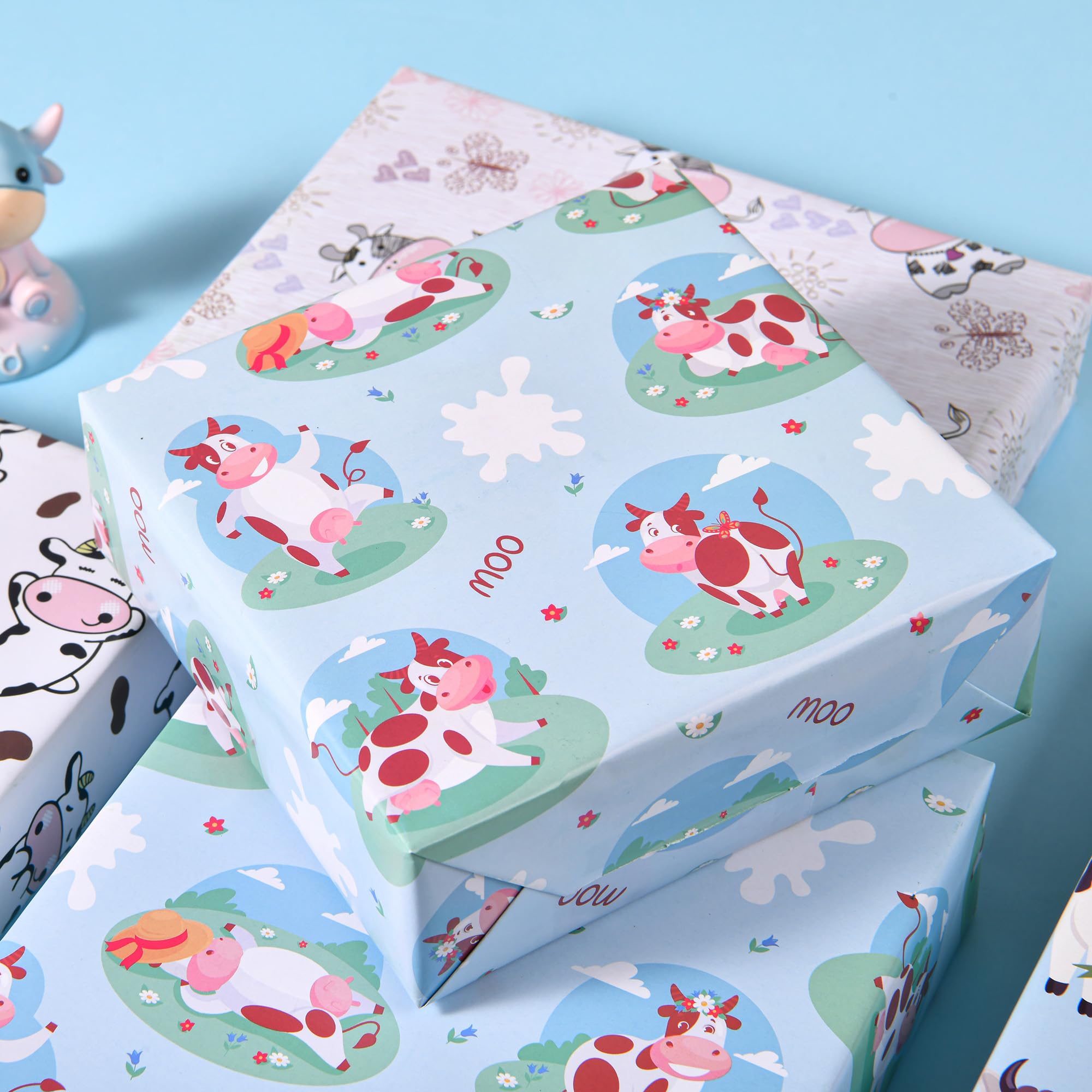 Cow Print Wrapping Paper - 12 Sheets Farm Animal Theme Gift Wrap for Birthday, Baby Shower & Christmas (19.7