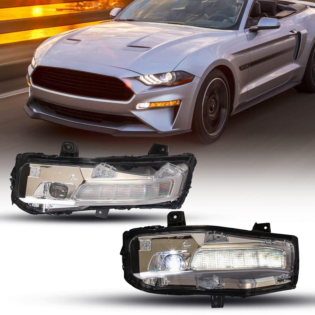 ROXX LED Fog Lights Assembly for 2018-2022 Ford Mustang - Full LED Replacement with DRL & Amber Sequential Turn Signals (Pair) - Upgrade Headlight Visibility for Night Driving & Foggy Conditions