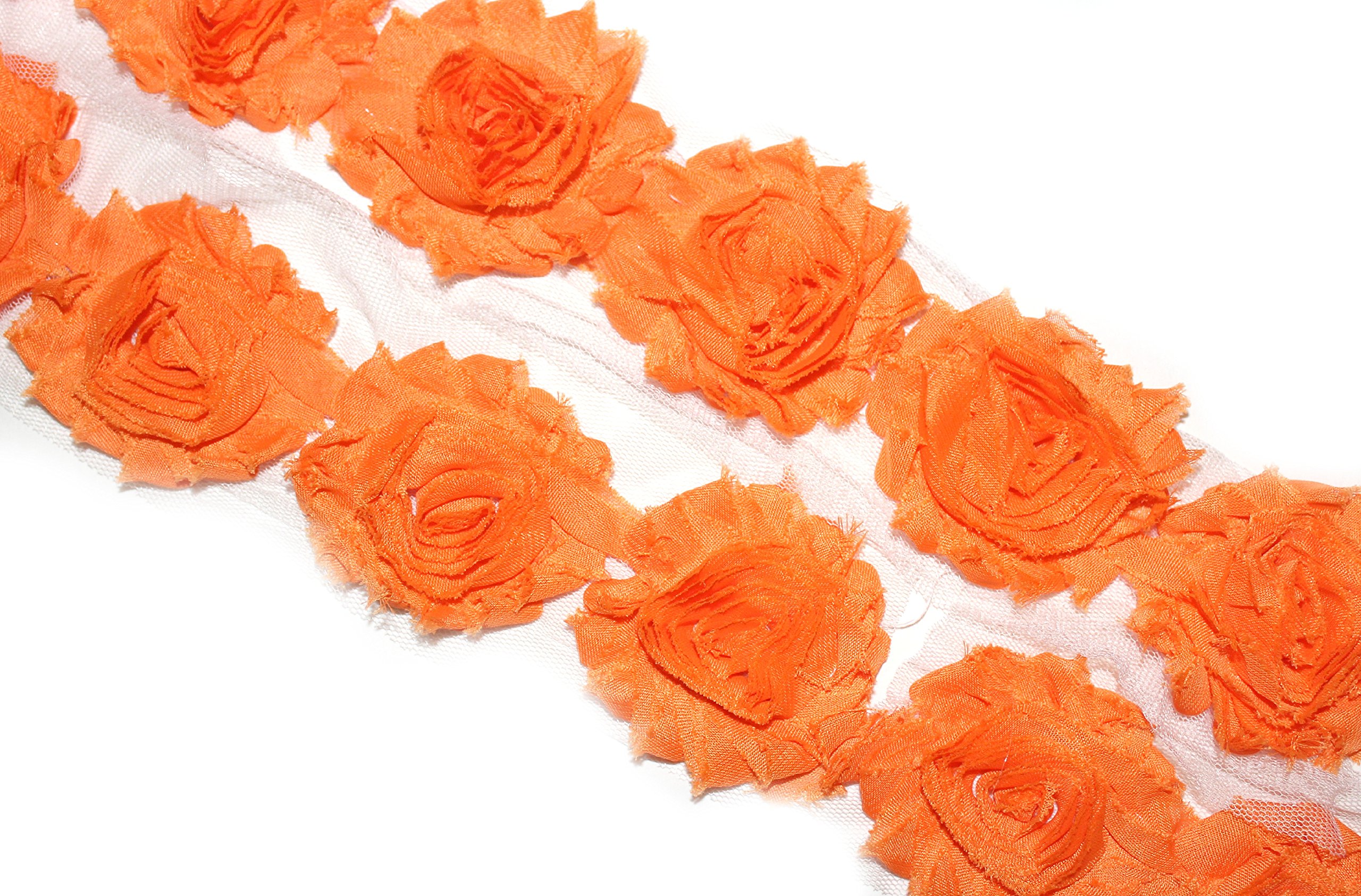 3 Yards 42-Piece 2.5 Inch Shabby Rose Trim - Orange Chiffon Rosettes for DIY Crafts, Wedding Decorations, and Hair Accessories