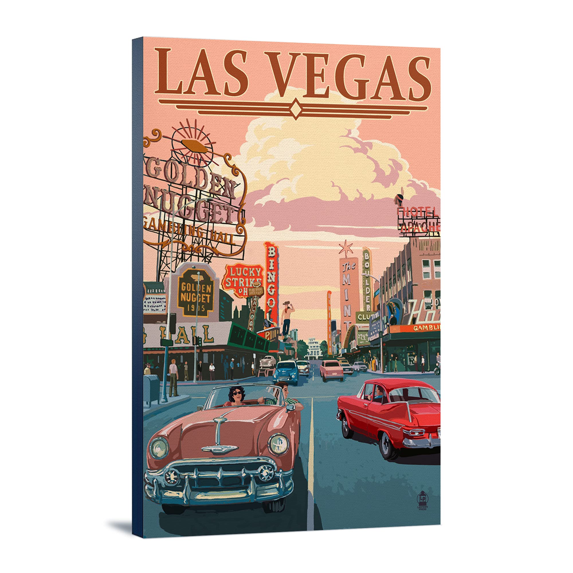 Las Vegas Nevada Old Strip Scene - 16x24 Wrapped Canvas Wall Art Decor for Living Room, Bedroom & Office - Vintage Vegas Strip Landscape Painting - Ready to Hang Home Decoration