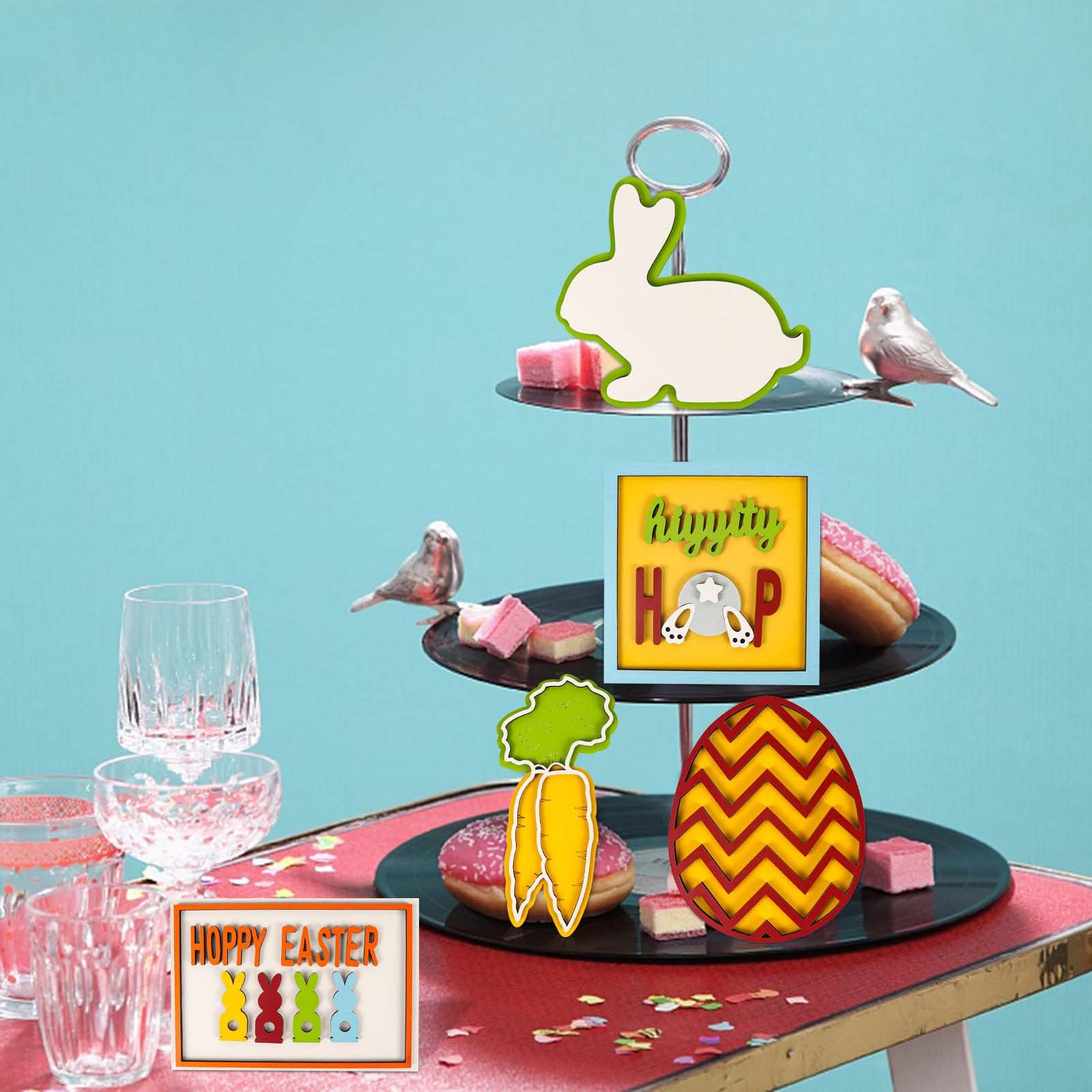 Easter Tiered Tray Decor Set - 5 Piece Farmhouse Spring Decorations with Bunny, Eggs & Carrot Wood Sign for Indoor Kitchen Table - Perfect for Easter Home Decor, Spring Centerpiece & Seasonal Display