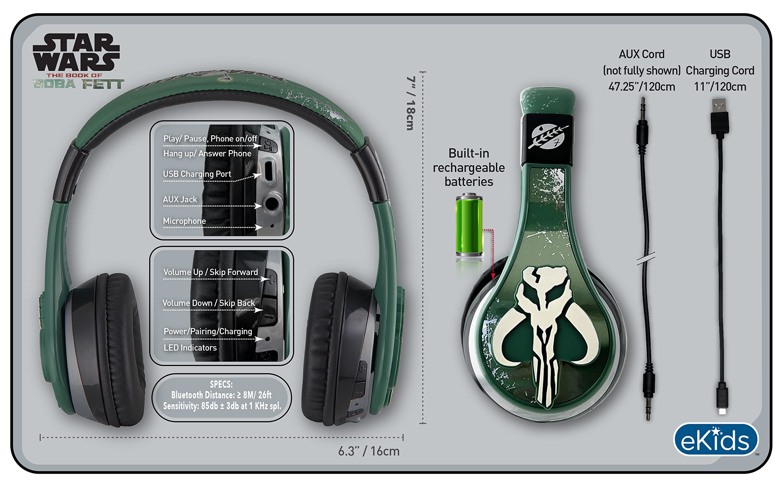 eKids Book of Boba Fett Bluetooth Headphones for Kids - Wireless Over-Ear Headset with Built-in Mic & AUX Cable - Lightweight Comfort for School, Home, Travel - Perfect for Online Classes, Gaming & Movie Watching