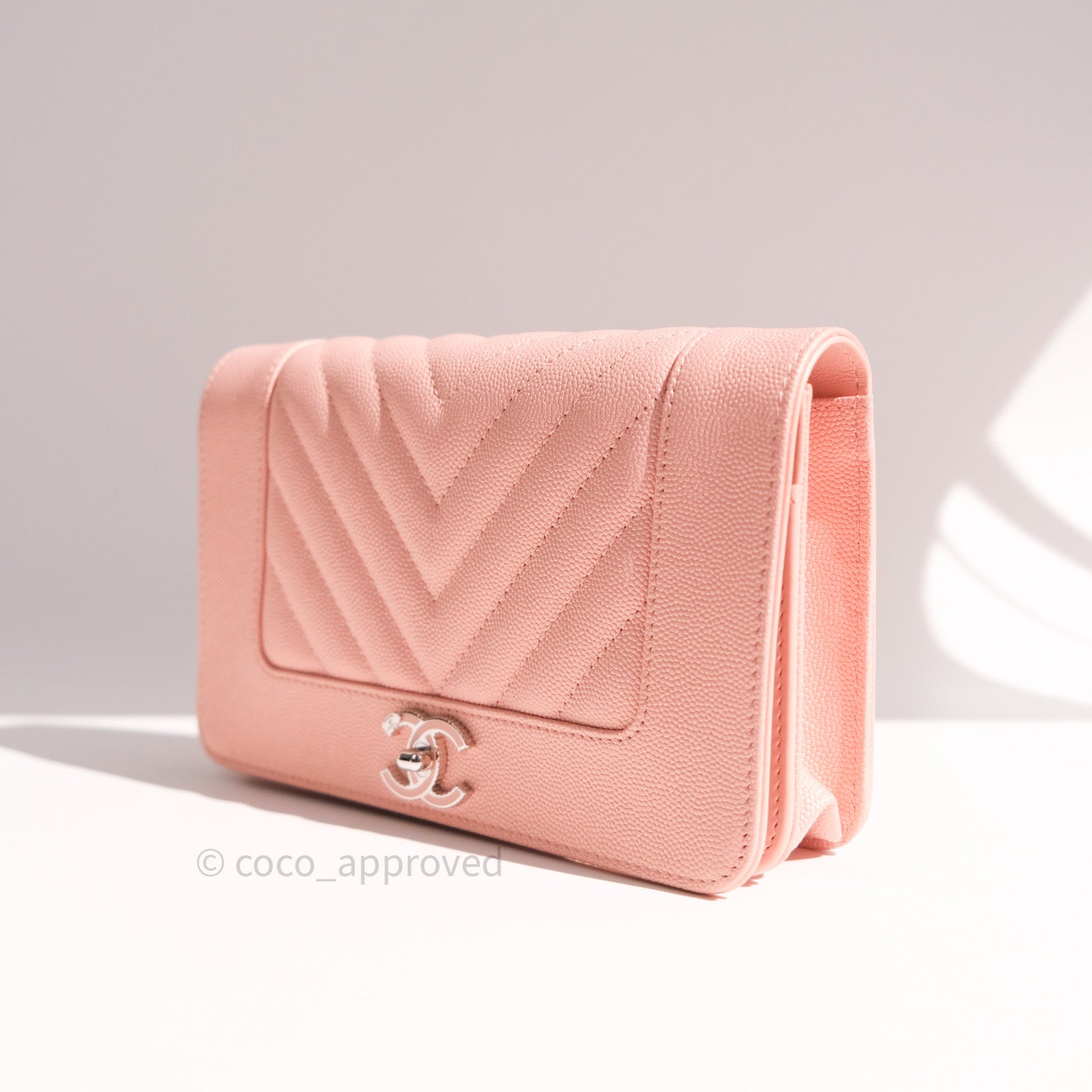 Chanel Chevron Wallet on Chain WOC Rose Gold Caviar Leather with Silver Hardware - Perfect for Evening Events & Luxury Fashion Accessories
