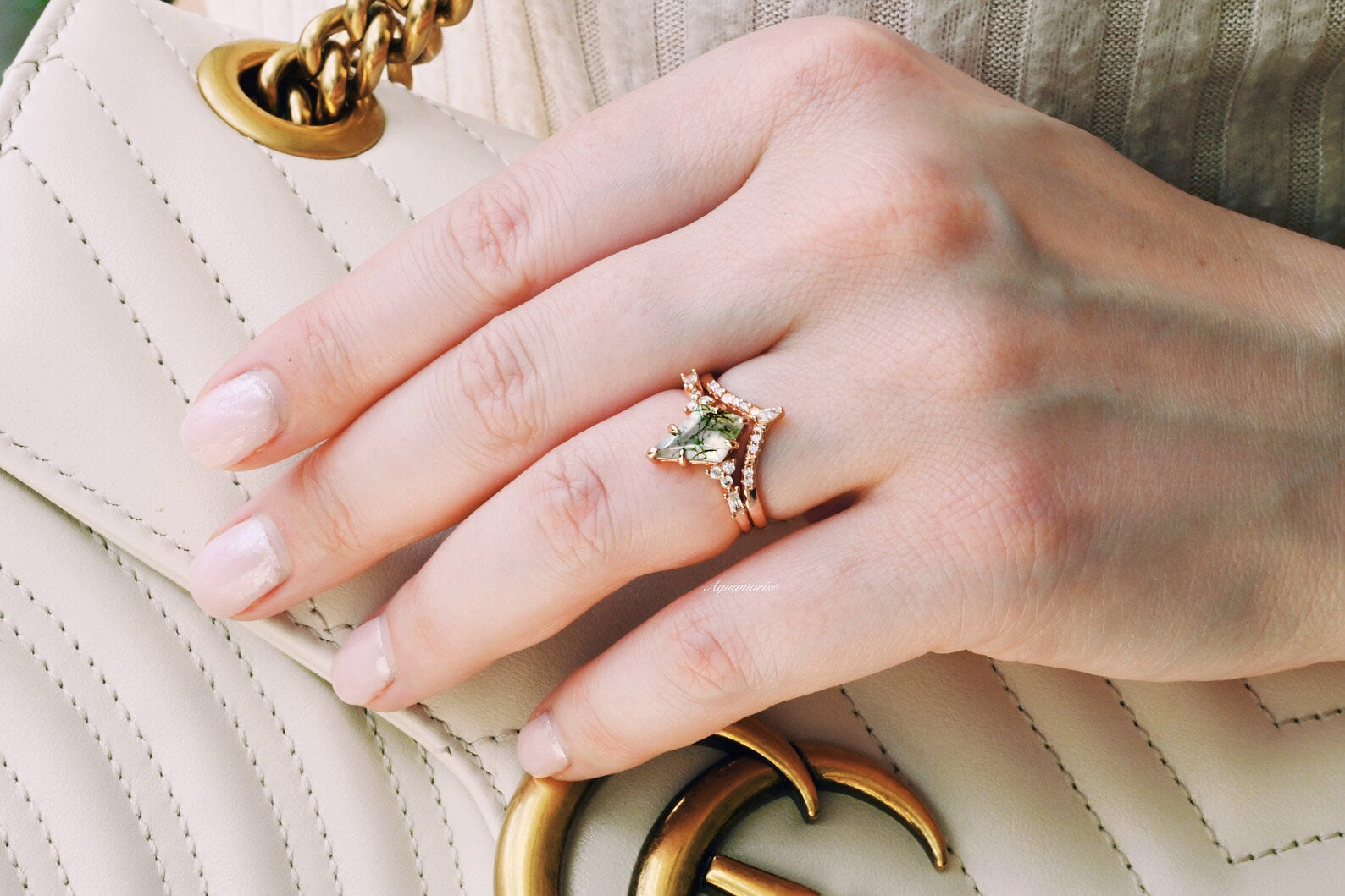 14K Rose Gold Vermeil Green Moss Agate Ring Set for Women - Elegant Jewelry Gift for Birthday, Anniversary & Special Occasions