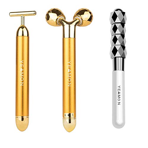 3-in-1 Electric Face Massager Roller with 24K Gold Plated - 3D Facial Massager, T-Shape Eye/Nose/Head Massager & Waterproof Metal Roller (4 Attachments) for Anti-Wrinkle, Skin Tightening & Relaxation - Perfect for Home Spa, Travel & Self-Care Routine