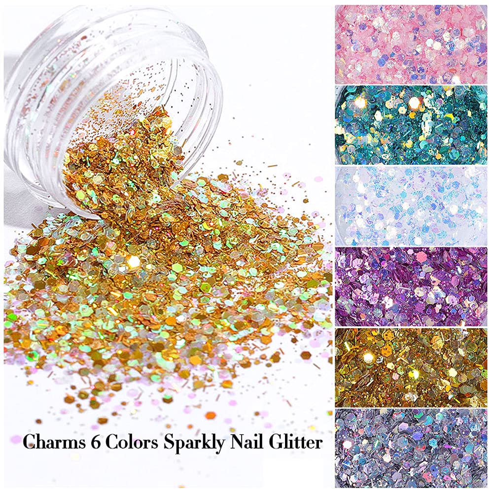 Holographic Acrylic Nail Art Kit - 6 Boxes Glitter Powder Set with 3D Flakes for Professional Nail Designs | Perfect for Salon, DIY Manicures & Special Occasions