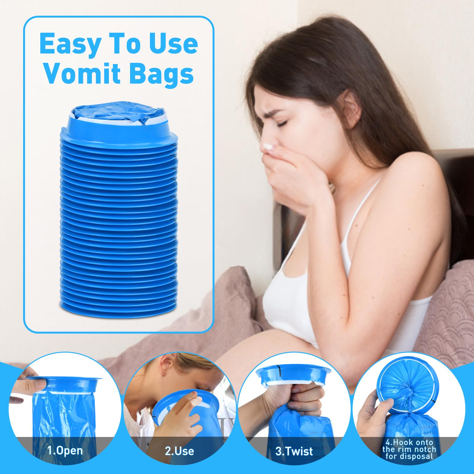 30 Pack Disposable Vomit Bags - 1000ml Leakproof Motion Sickness Bags for Travel, Cars & Airplanes | Barf Bags, Puke Bags, Throw Up Bags | Ideal for Nausea, Motion Sickness & Emergency Use