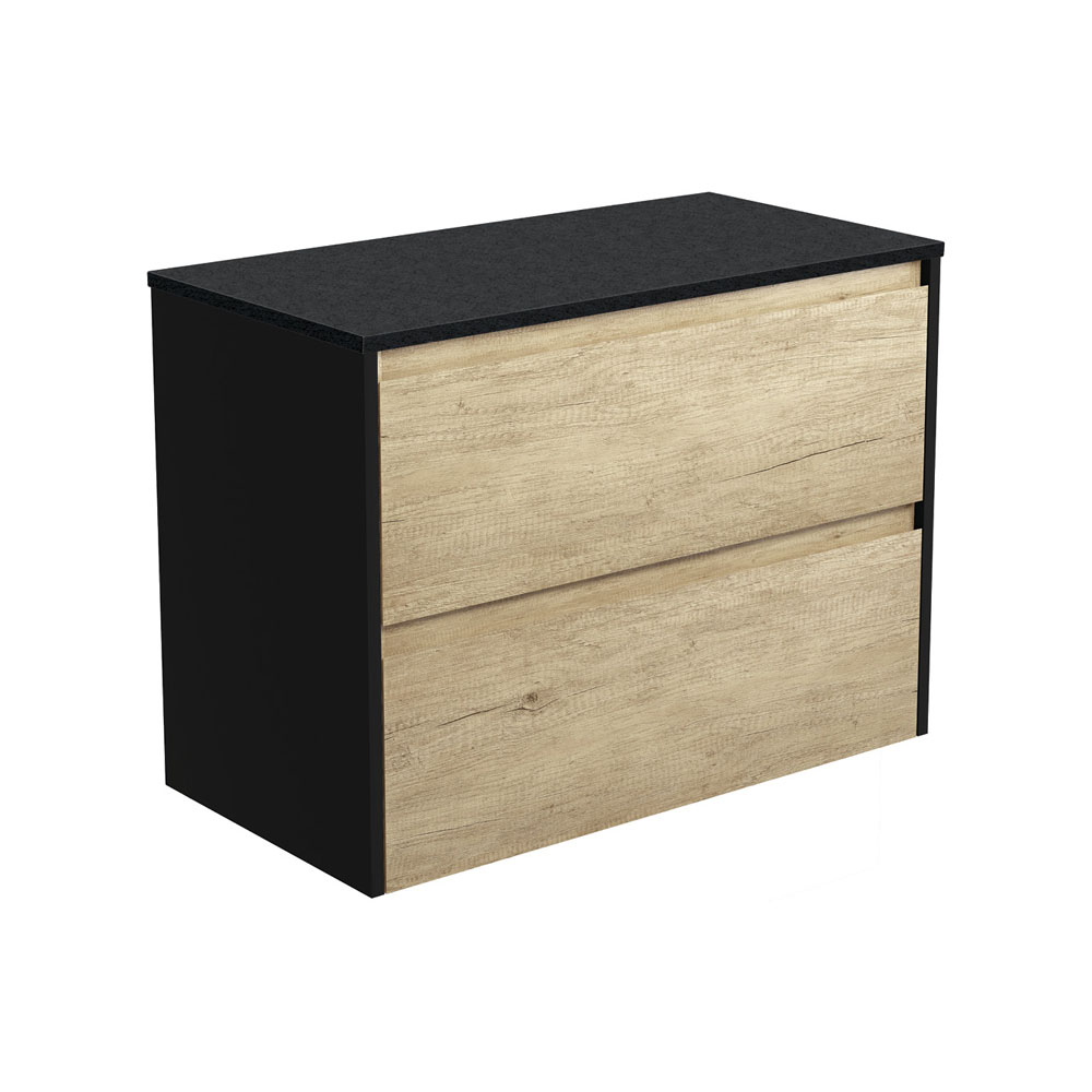 Fienza 90BSB Amato 900 Wall Mounted Bathroom Vanity Cabinet - Satin Black Finish with Scandi Oak Doors - Modern Bathroom Storage Solution for Small Spaces & Powder Rooms