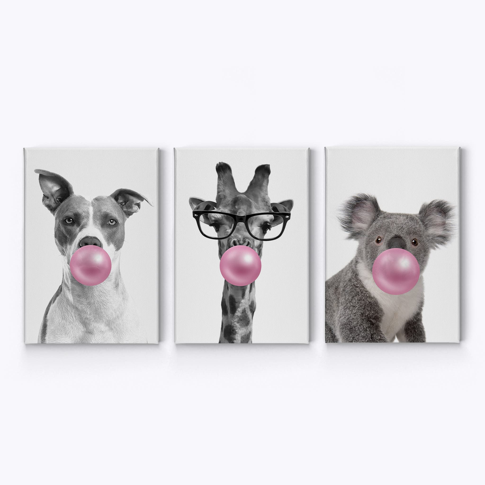 Smile Art Design Animal Bubble Gum Canvas Print Set - 3 Panel Dog Giraffe Koala Wall Art in Pink Black & White | Nursery Decor, Baby Room, Kids Room for Boys & Girls | Ready to Hang Made in USA (36x24) - Perfect for Playrooms, Bedrooms & Gift Giving