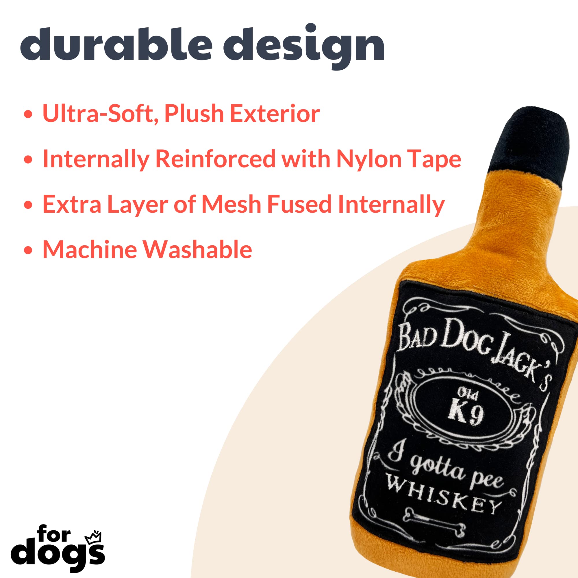 Huxley & Kent Whiskey Plush Dog Toy with Squeaker - Funny Small Dog Chew Toy for Aggressive Chewers | Durable & Safe Pet Gift for Puppies & Adult Dogs | Perfect for Playtime, Training Rewards & Birthday Presents