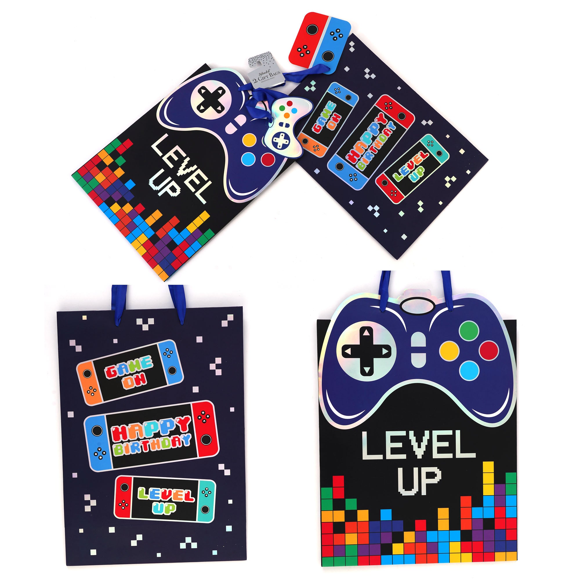 2-Pack Extra Large Holographic Gift Bags for Gamers - 2 Unique Designs - Perfect for Birthday Presents, Gaming Accessories & Party Favors