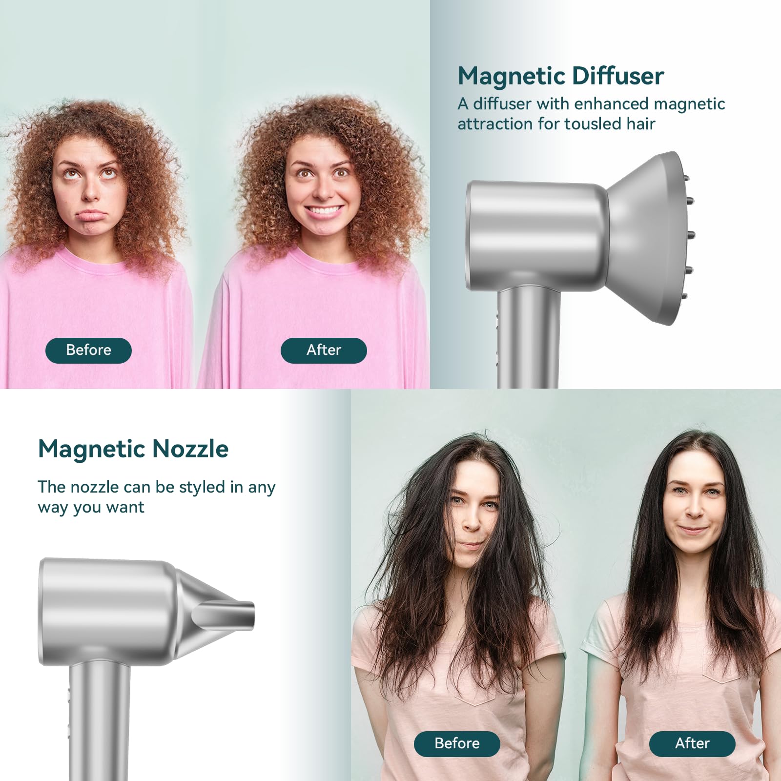 HRYCF 180,000 RPM High Speed Hair Dryer - Fast Drying, Low Noise, Negative Ionic Technology for Smooth & Shiny Hair | Professional Brushless Blow Dryer with Magnetic Diffuser & Nozzle (Gray) - Perfect for Home Use, Salon Styling & Travel