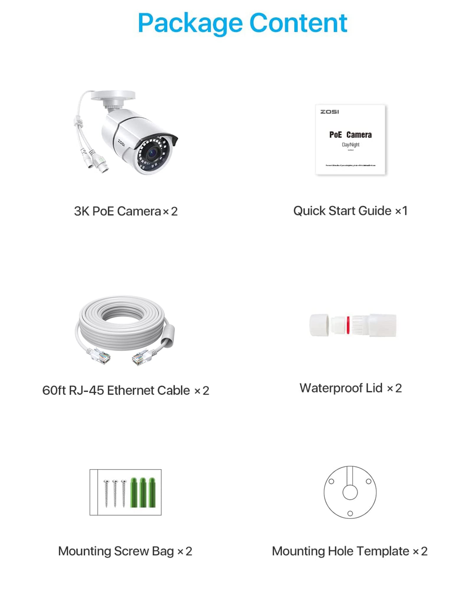 ZOSI 2-Pack 5MP Outdoor POE IP Security Camera with Ethernet Cables - 120ft Night Vision, IP66 Weatherproof, Bullet Design - Compatible with ZOSI PoE NVR Recorder (Model: ZR08EN, ZR08DN, ZR08PN, ZR16DK) - Ideal for Home Security, Business Surveillance & Property Monitoring