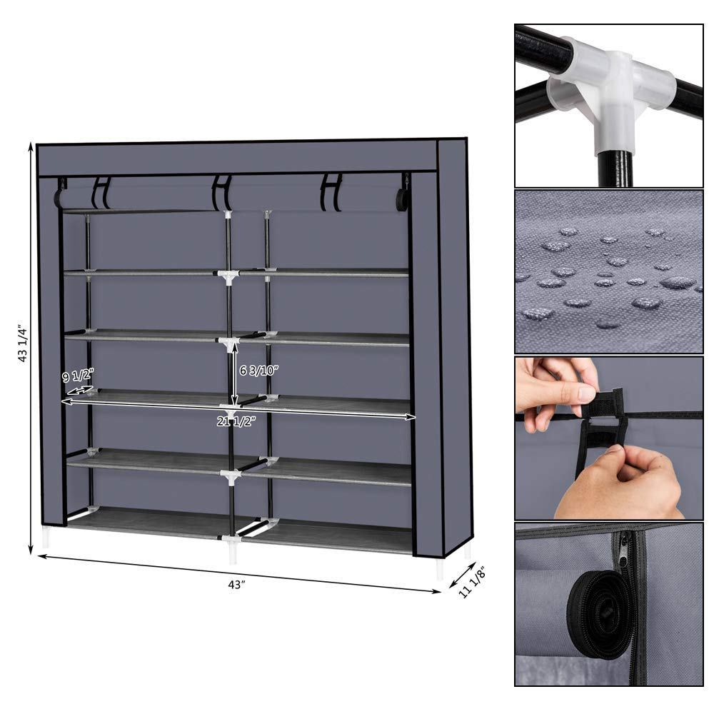 BNSPLY Double Row Non-Woven Fabric Shoe Rack - Holds 36 Pairs, Portable Shoe Storage Organizer with Durable Cover, Space-Saving Grey Shoe Shelf for Closet, Entryway, or Dorm Room Organization