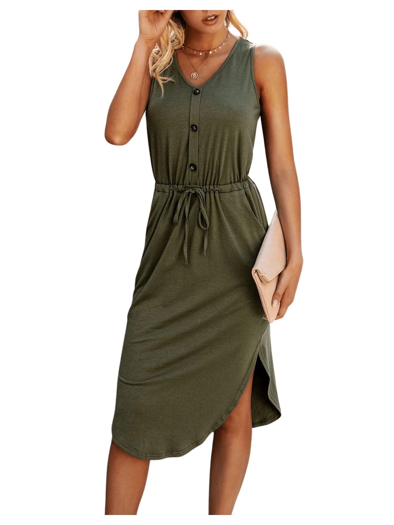 SweatyRocks Women's Sleeveless Summer Midi Dress with Adjustable Waist & Pockets - Casual Flowy Dress for Beach, Party & Office Wear