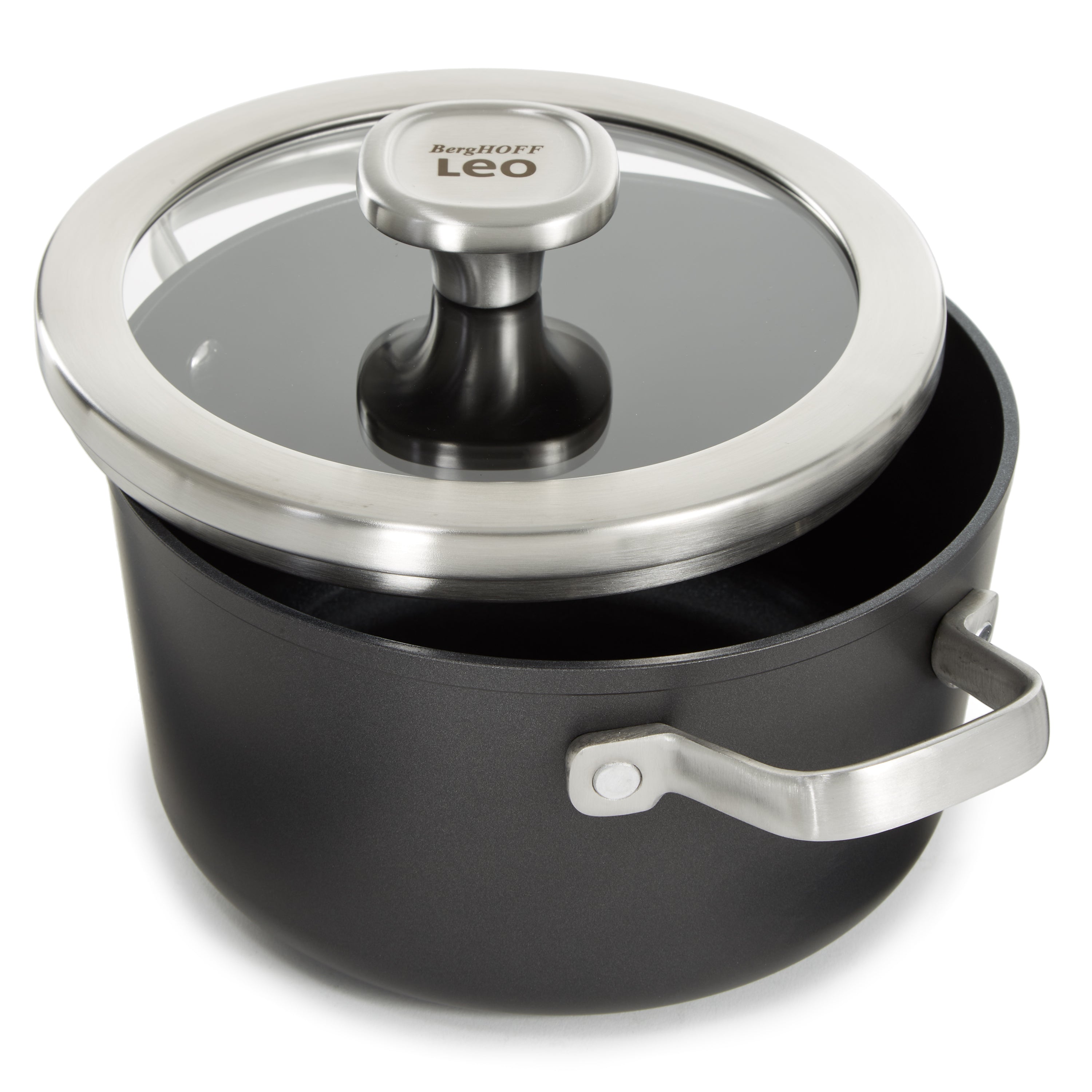 BergHOFF Leo Graphite 8-Inch Nonstick Ceramic Stockpot 3.3 Quart with Glass Lid | Eco-Friendly Recycled Material Cookware for Soups, Stews & Pasta | Induction Compatible Dutch Oven for Home Cooking