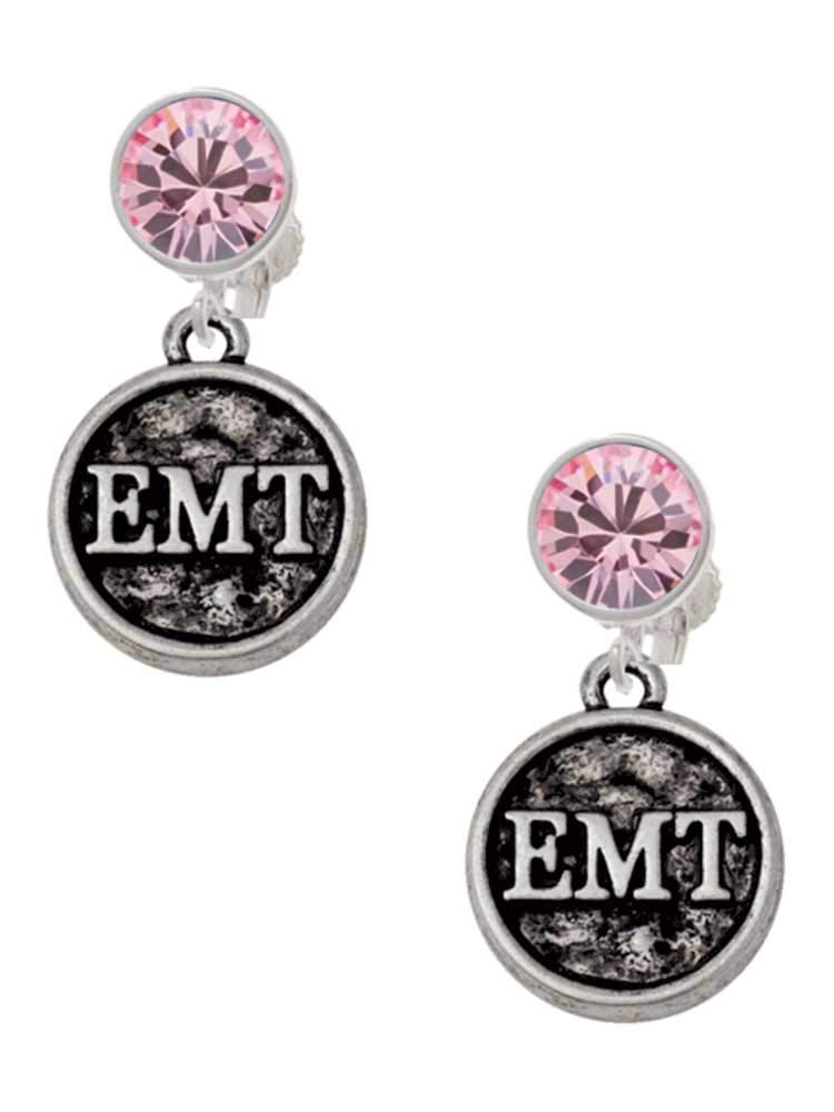 Sterling Silver Medical Caduceus EMT Earrings with Pink Crystal Charms - Perfect for Nurses, Doctors & Healthcare Professionals - Clip-On Style for Comfort & Professional Wear
