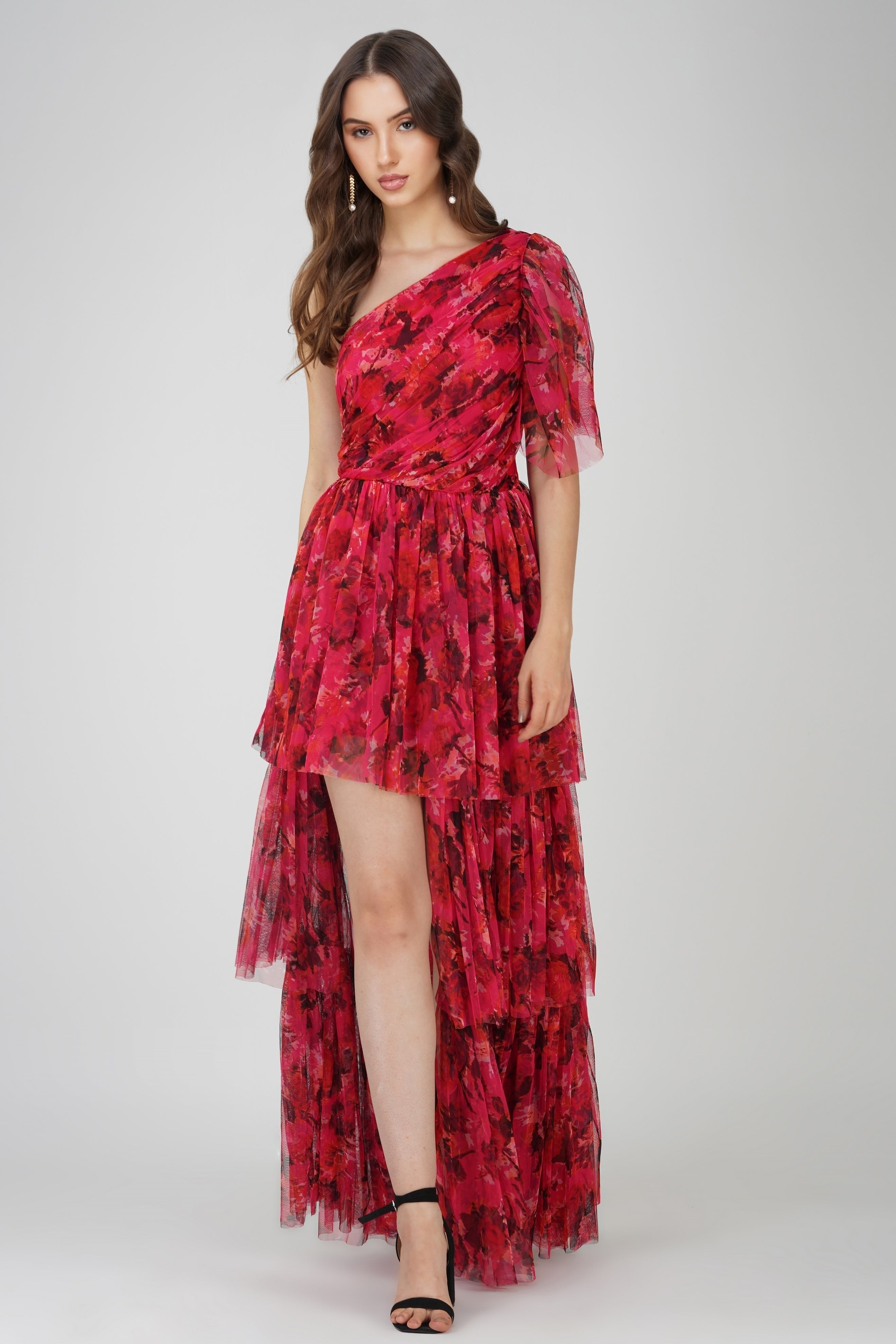 Rowena Red & Pink Printed One Shoulder Maxi Dress for Women - Elegant Summer Beach Party & Evening Cocktail Dress