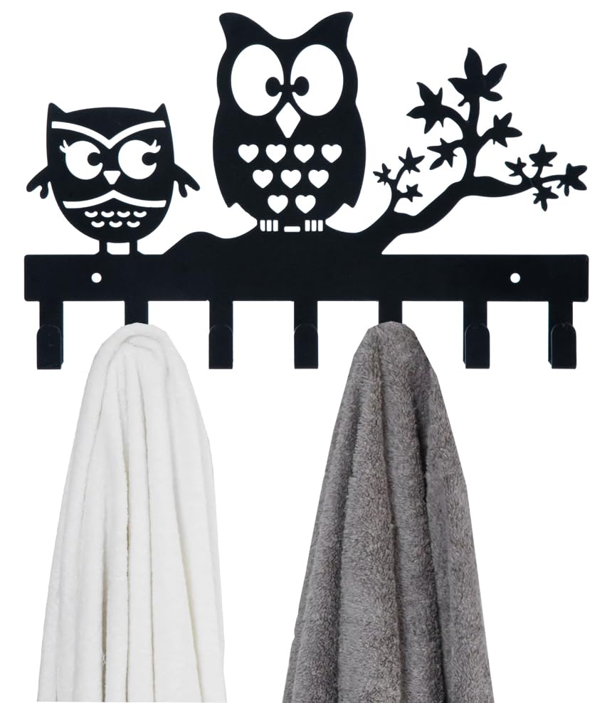 FairyCity Metal Owl Key Holder Wall Mount - 27cm x 17cm Key Organizer with 7 Hooks, Black - Perfect for Entryway, Bedroom, or Office Key Storage and Home Decor