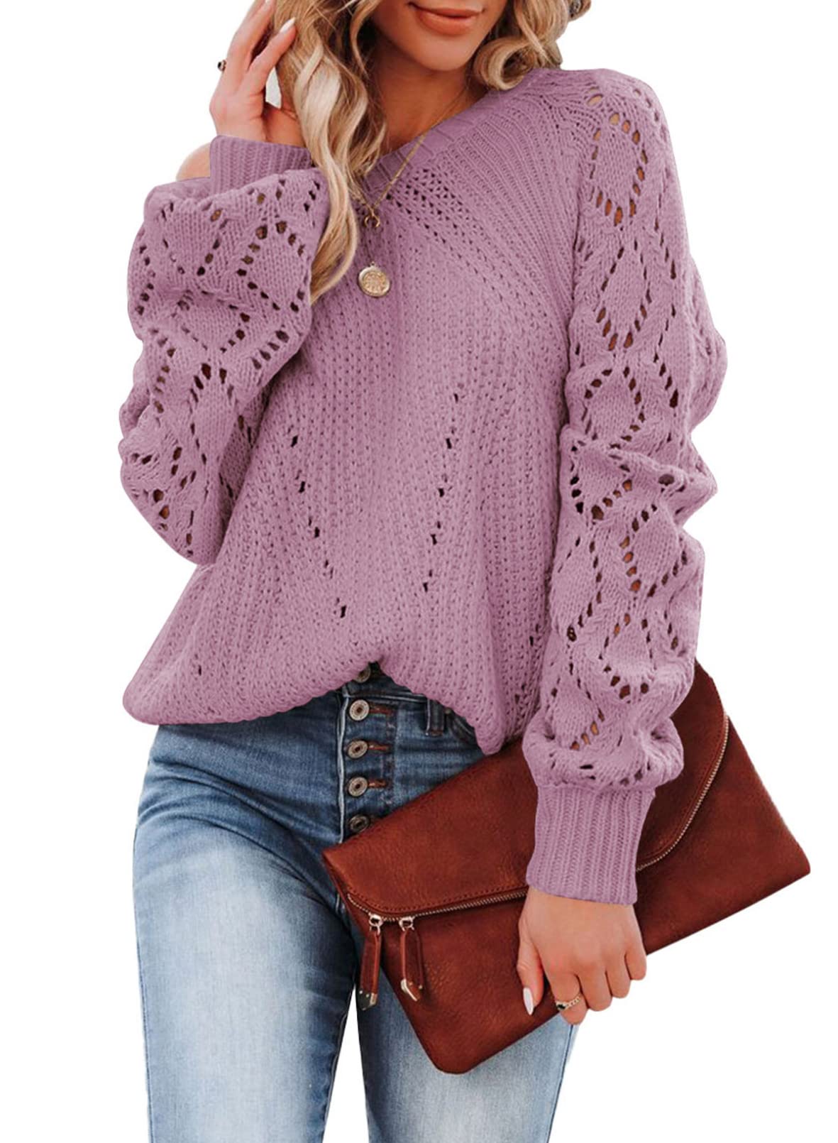 SHEWIN Women's Lightweight Crochet Sweater Long Sleeve Knit Pullover Tops - Casual Crewneck Lace Knitwear for Fall & Winter, Perfect for Office, Date Night and Holiday Outfits