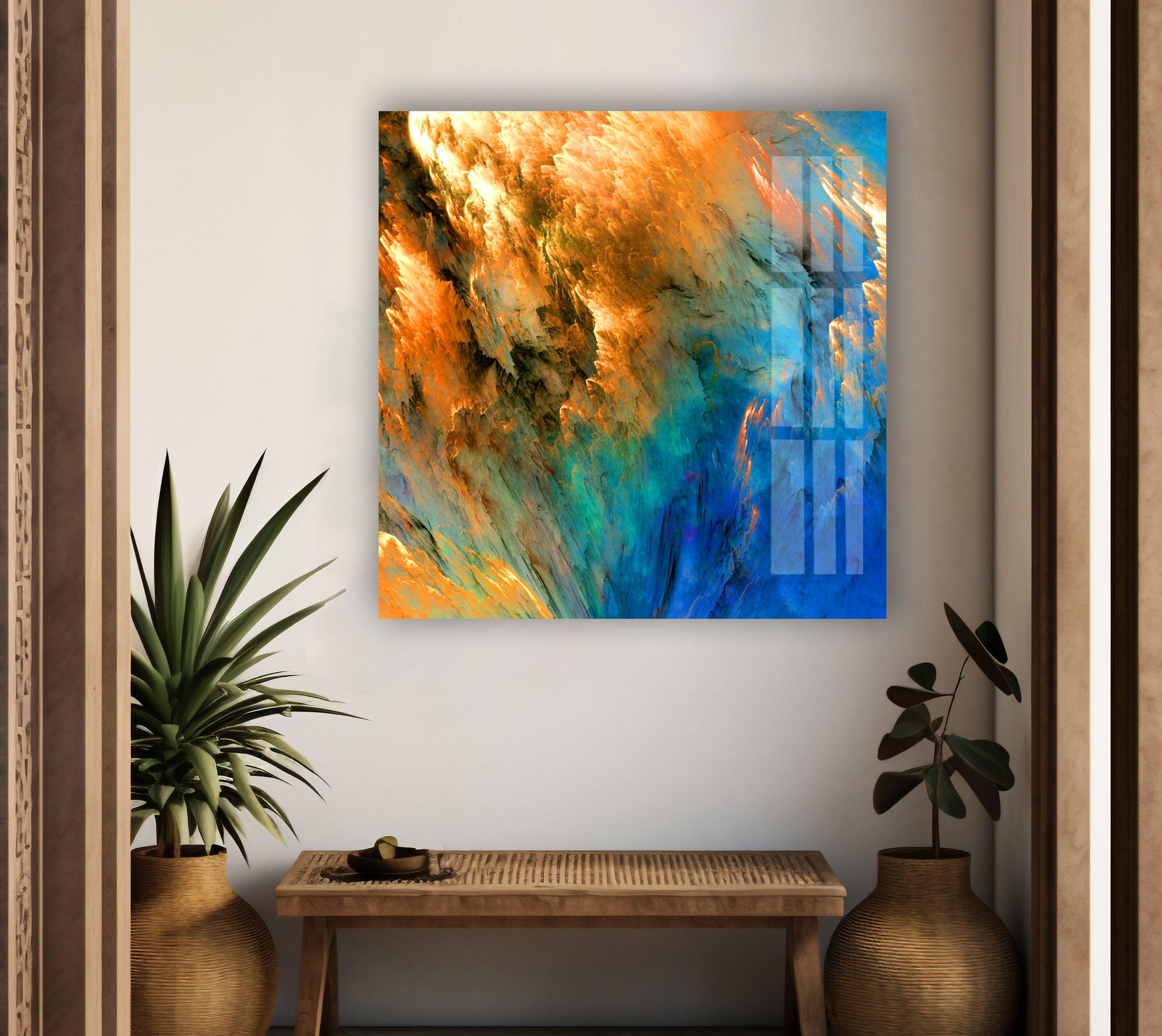 Blue Gold Alcohol Ink Glass Wall Art - Handmade Abstract Painting for Home & Office Decor - Perfect for Living Room, Bedroom, or Gift