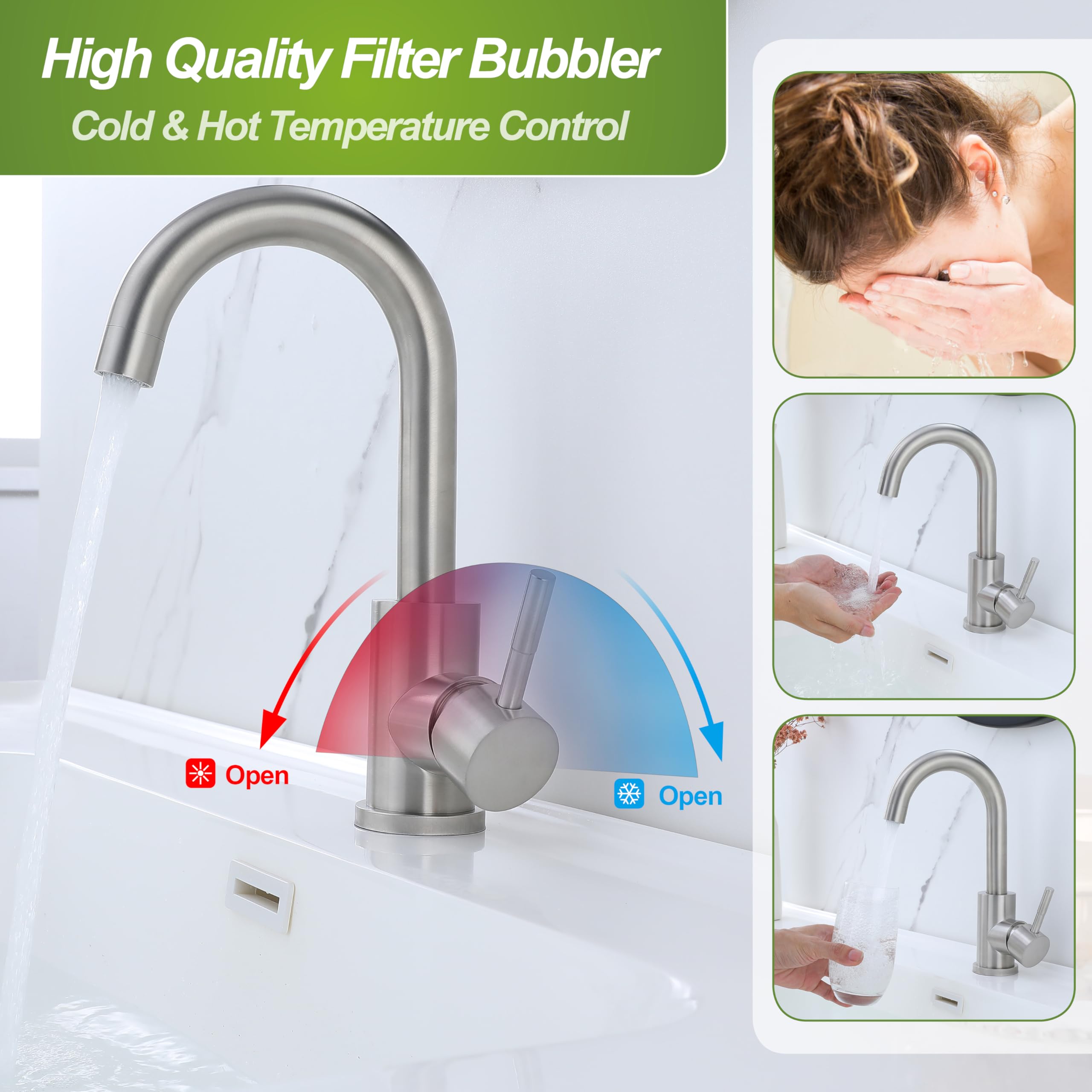 Brushed Nickel Bathroom Faucet - Single Handle Mixer Tap for Modern RV & Bar Sink with 360° Rotation